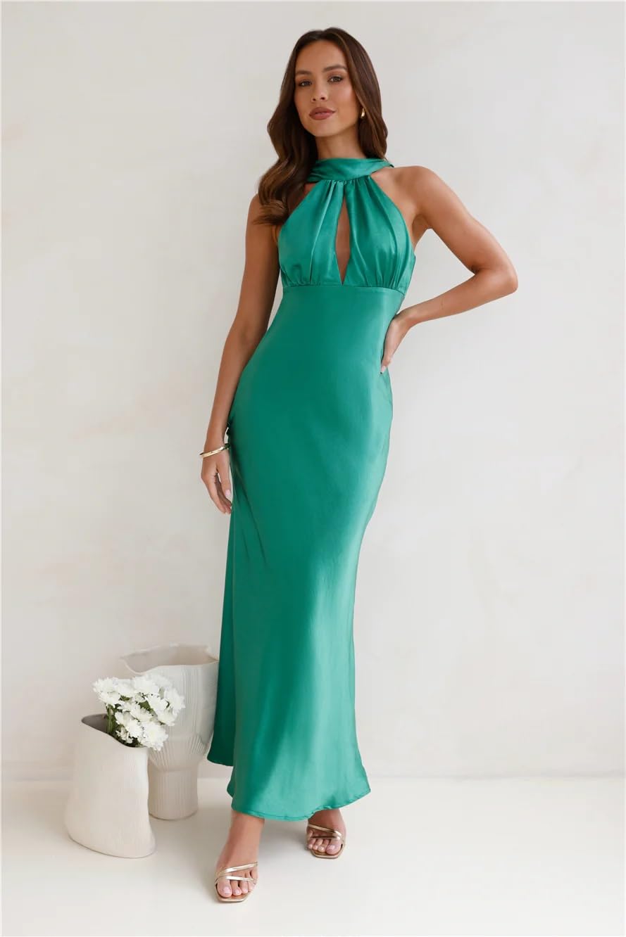 2024 Satin Cutout Halter Neck Midi Dress - Silk Sexy Sleeveless Backless Formal Dress with Empire Waist for Wedding Guest, Evening Party, Cocktail Reception & Special Occasions