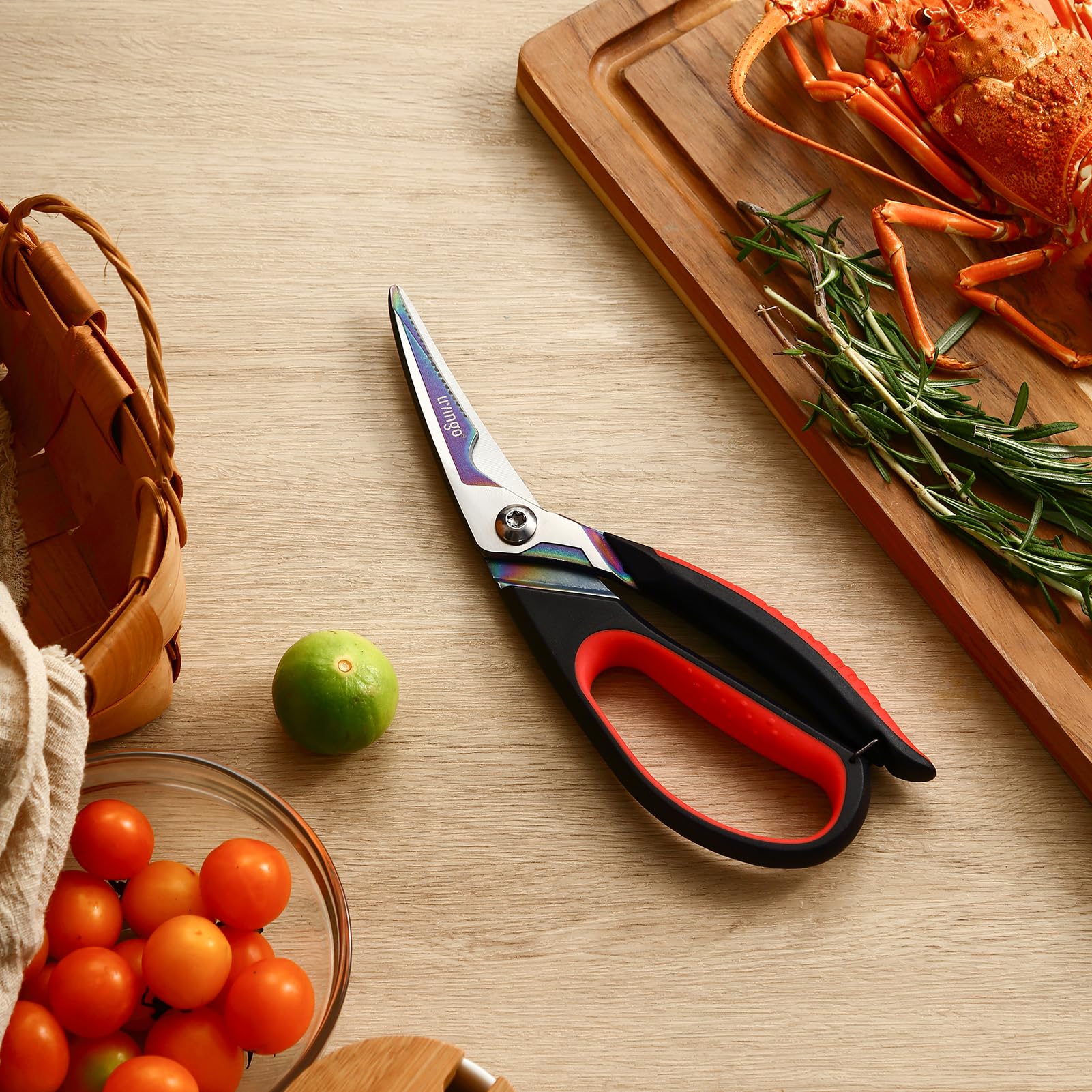 LIVINGO Heavy Duty Kitchen Scissors - Titanium Coated Sharp Poultry Shears for Cutting Chicken Bones, Meat, Vegetables | Multipurpose Food Scissors with Comfortable Grip & Safety Lock (9.5 Inch) | Perfect for Meal Prep, Butchering, and Home Cooking