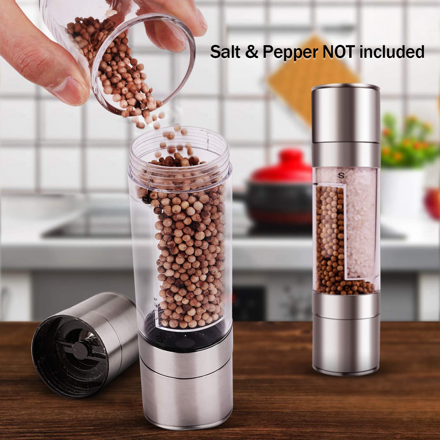Premium Mixoo 2-in-1 Stainless Steel Salt and Pepper Grinder Set - Adjustable Coarseness Ceramic Rotor, Refillable Dual Clear Acrylic Chamber for Freshly Ground Spices - Perfect for Kitchen, Dining Table & Outdoor BBQ