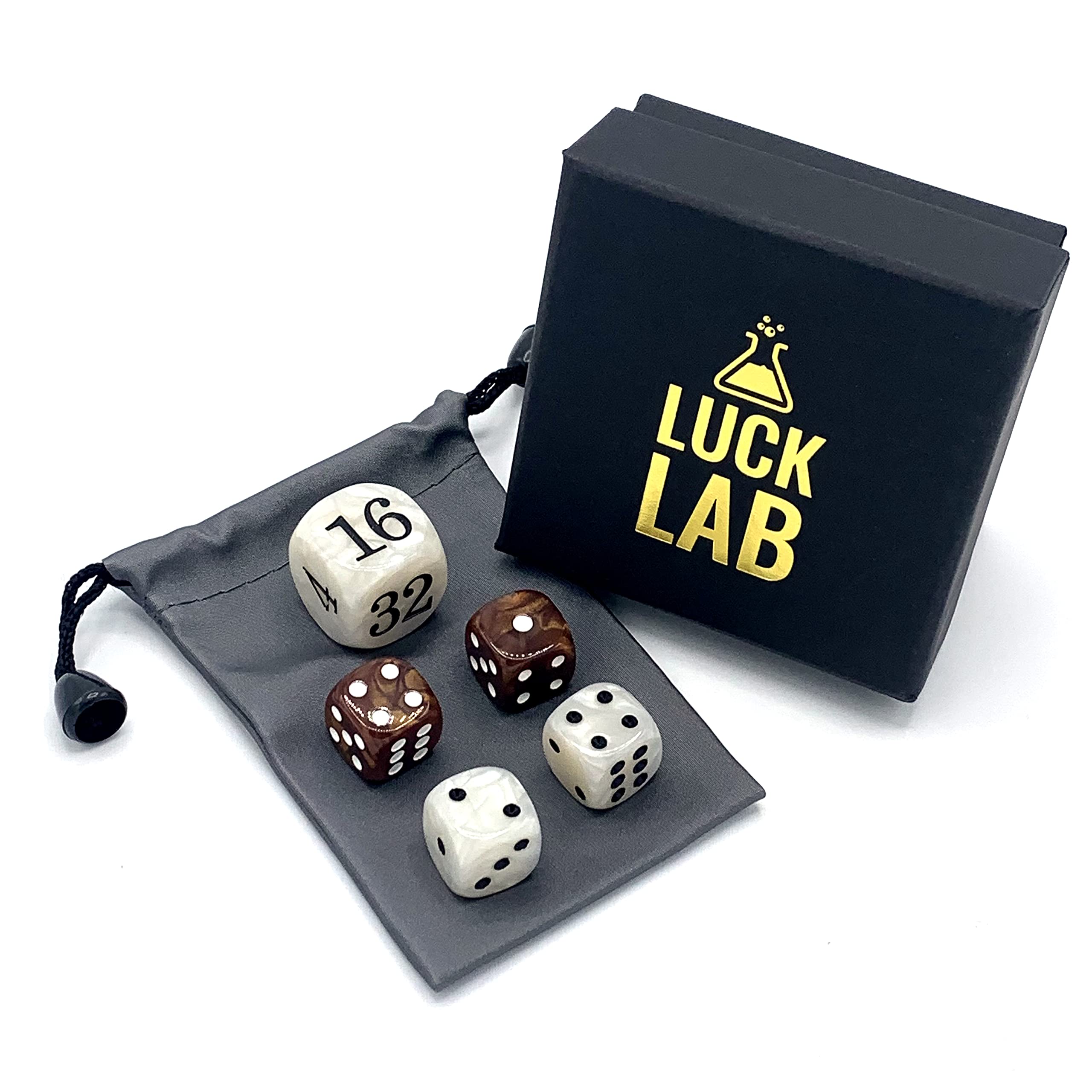 Luck Lab Backgammon Pearl Dice Set - 22mm Doubling Cube & 4x16mm Dice with Storage Pouch, Brown/White Marble - Perfect for Board Games, Travel & Gifts
