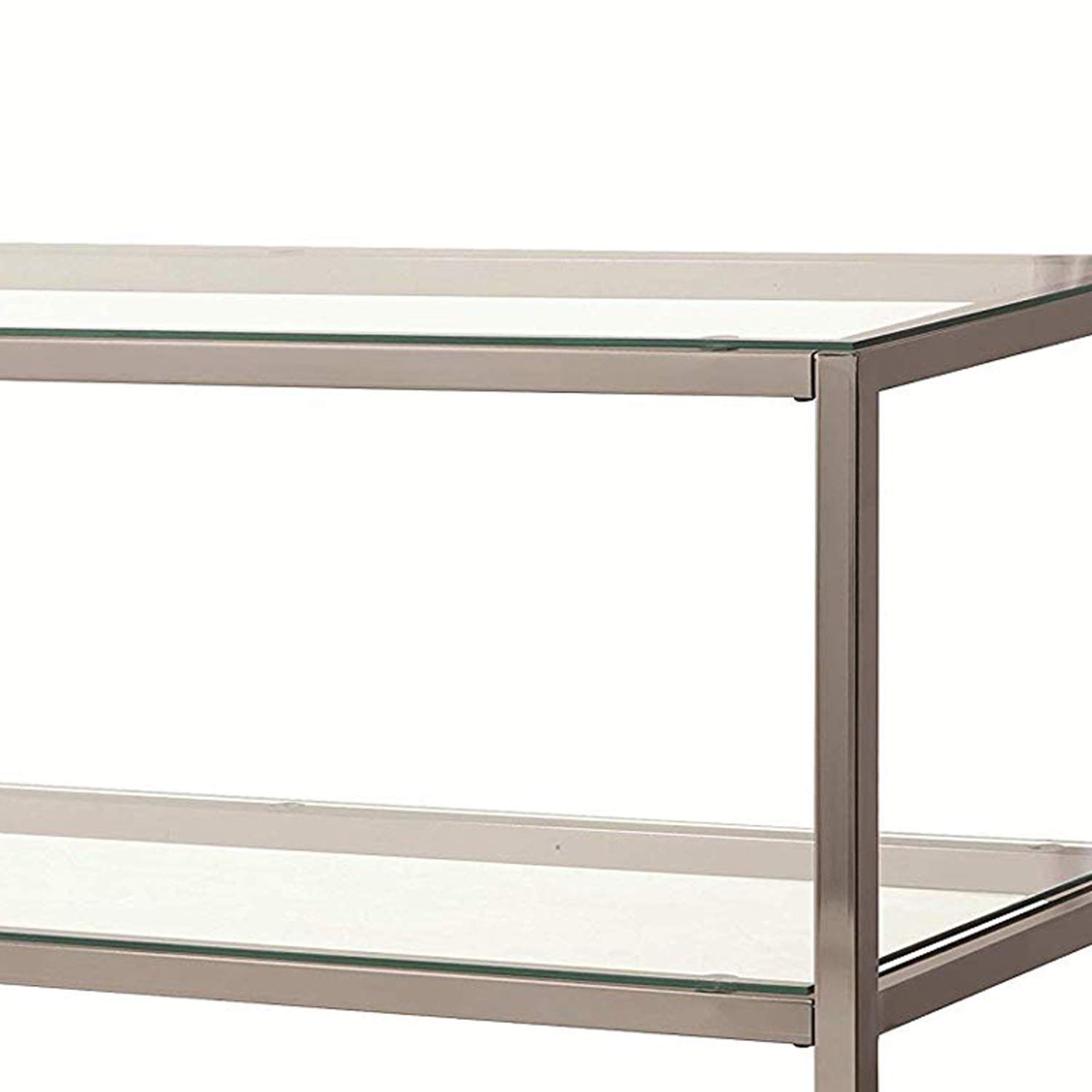Benjara Modern Glass and Metal Sofa Table with 2 Open Shelves - Silver & Clear Finish - Perfect for Living Room, Entryway or Behind Couch Console Table