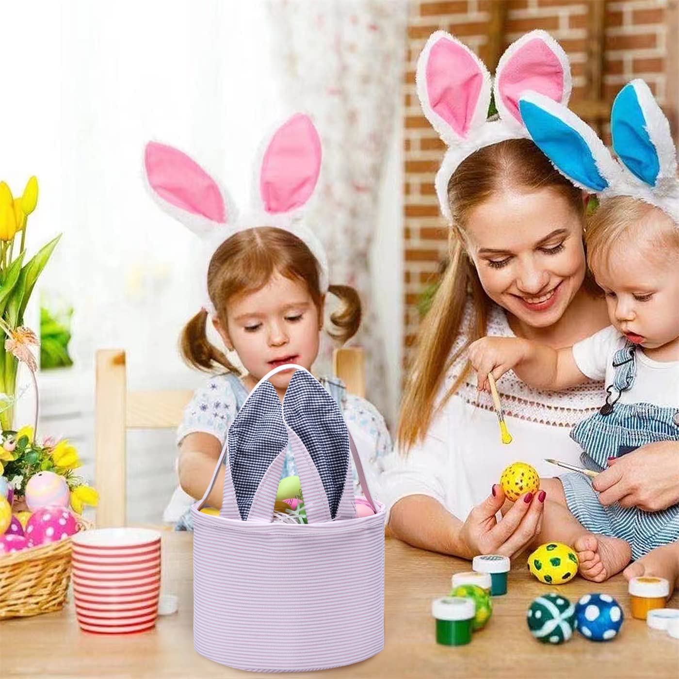Personalized Easter Bunny Basket Seersucker Egg Bags for Kids - Fluffy Tail Candy Gift Buckets for Boys & Girls - Perfect for Easter Egg Hunts, Party Favors & Spring Celebrations (Pink)