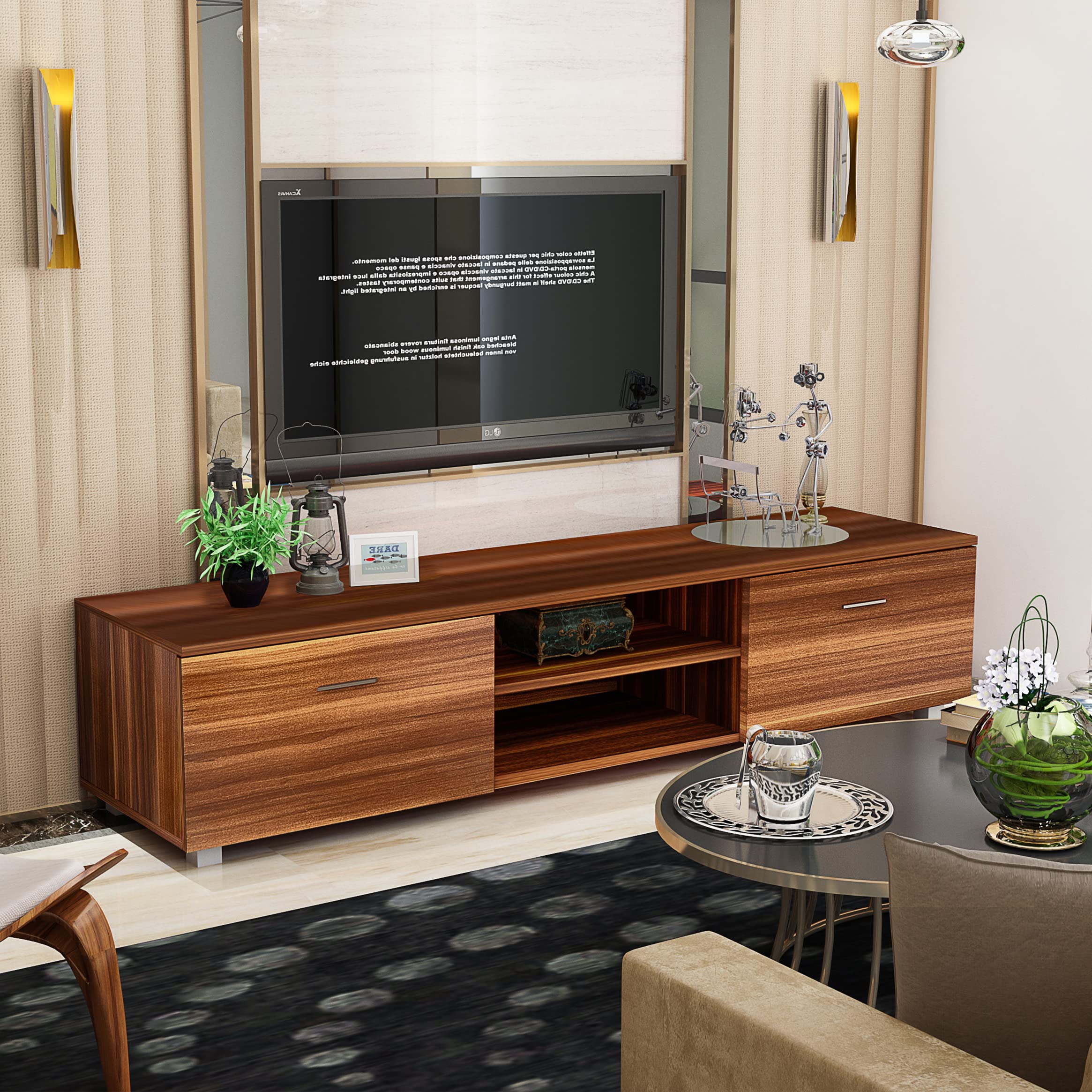 Modern 70 Inch Walnut TV Stand with Storage - High Gloss Entertainment Center for Living Room | Perfect for Home Theater Setup & Media Organization