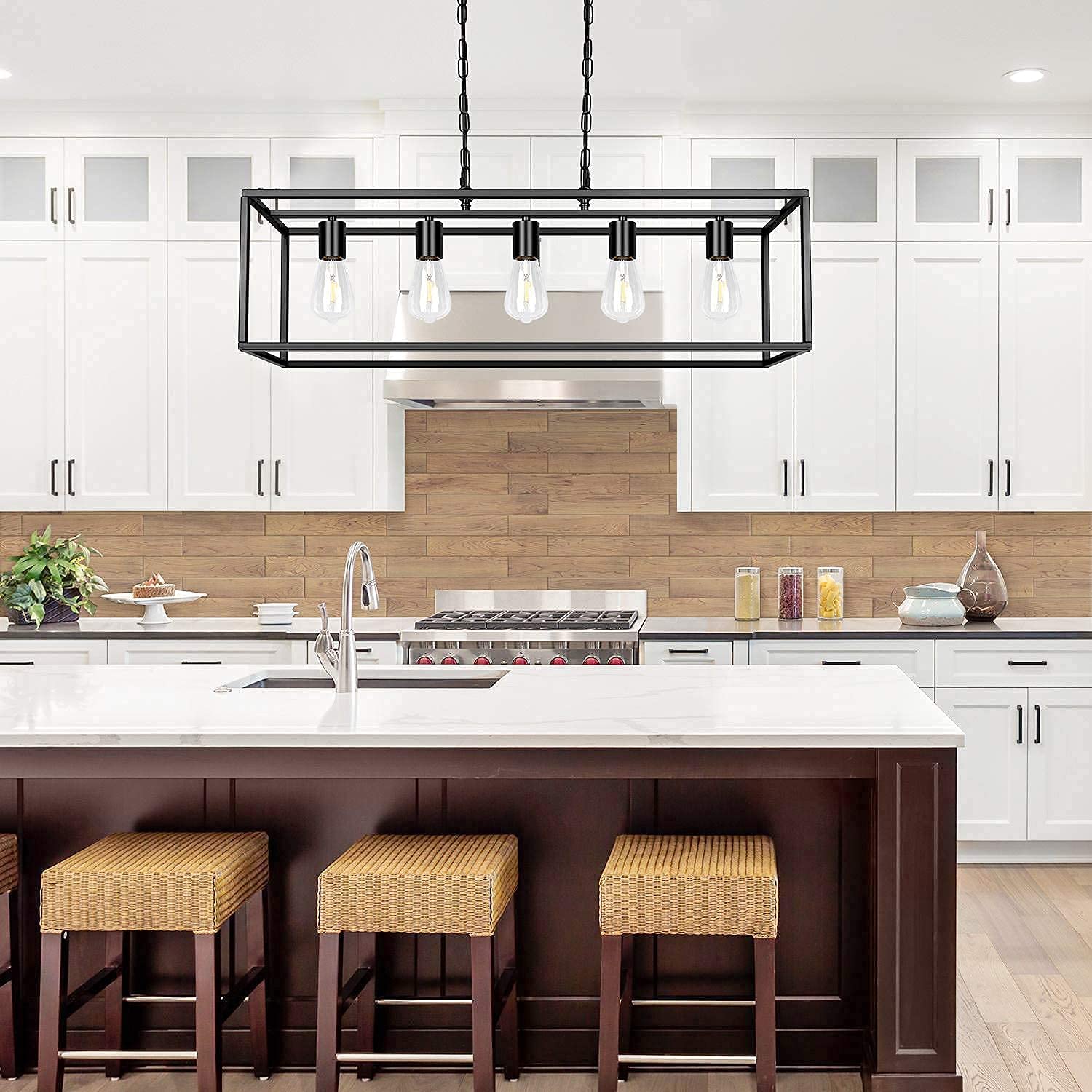 ZOSIMIO 5-Light Black Modern Linear Chandelier - Farmhouse Kitchen Island Lighting, Industrial Rectangular Light Fixture for Dining Room, Living Room, Foyer & Bar - Perfect for Rustic & Contemporary Home Decor