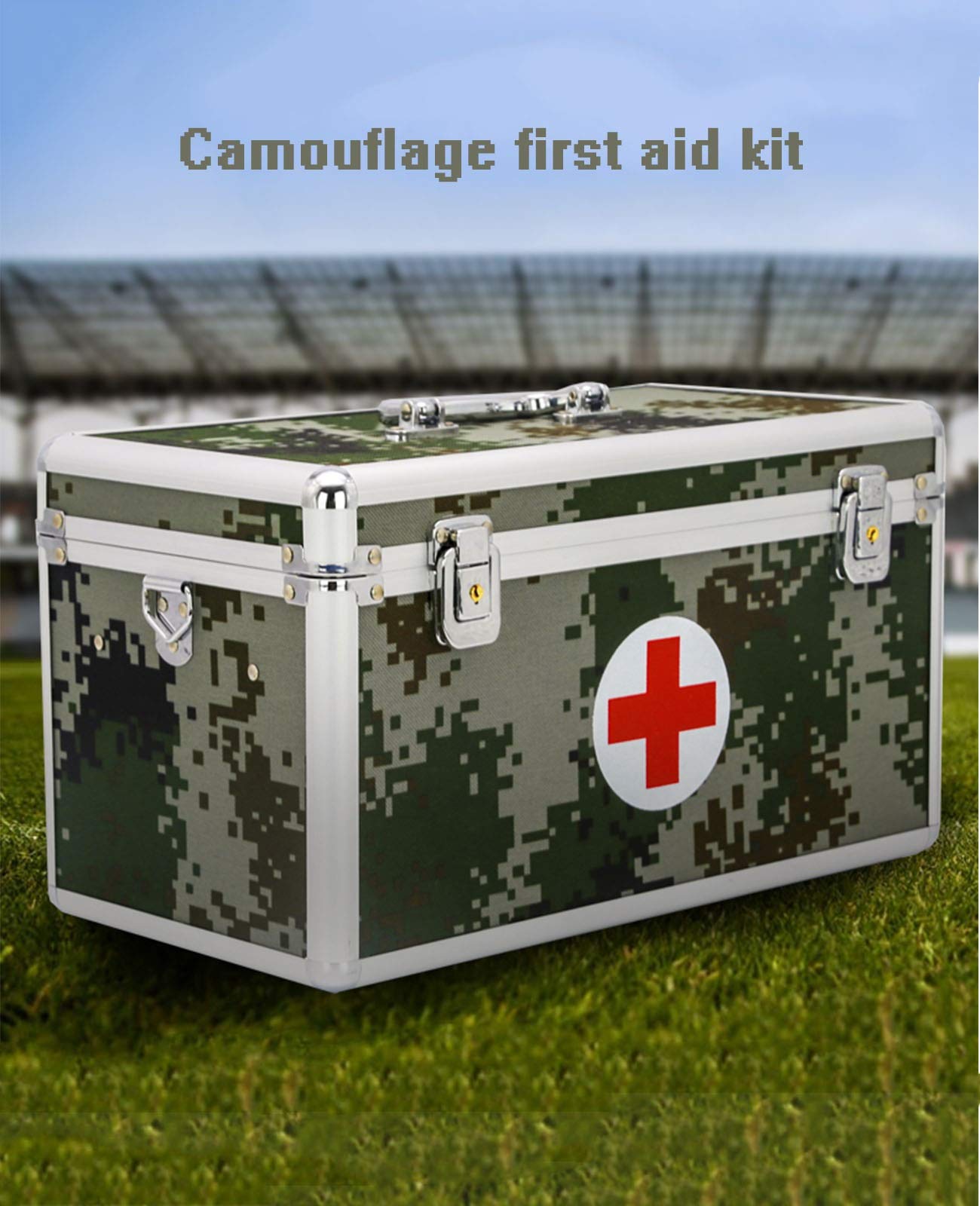 Portable First Aid Kit - Aluminum Alloy Medical Storage Box for Home, Car & Office (36x19x20cm) | Compact Medicine Organizer with Camouflage Design | Emergency Preparedness for Family Safety & Outdoor Activities
