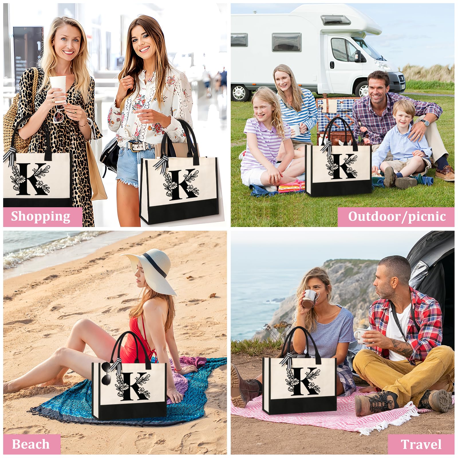 Personalized Initial Canvas Tote Bag - Custom Monogrammed Gift for Women, Mom, Teachers, Nurses, Best Friends & Bridesmaids - Perfect for Birthday, Wedding, Beach & Holiday - Great for Shopping, Work, Travel & Everyday Use (Letter K)
