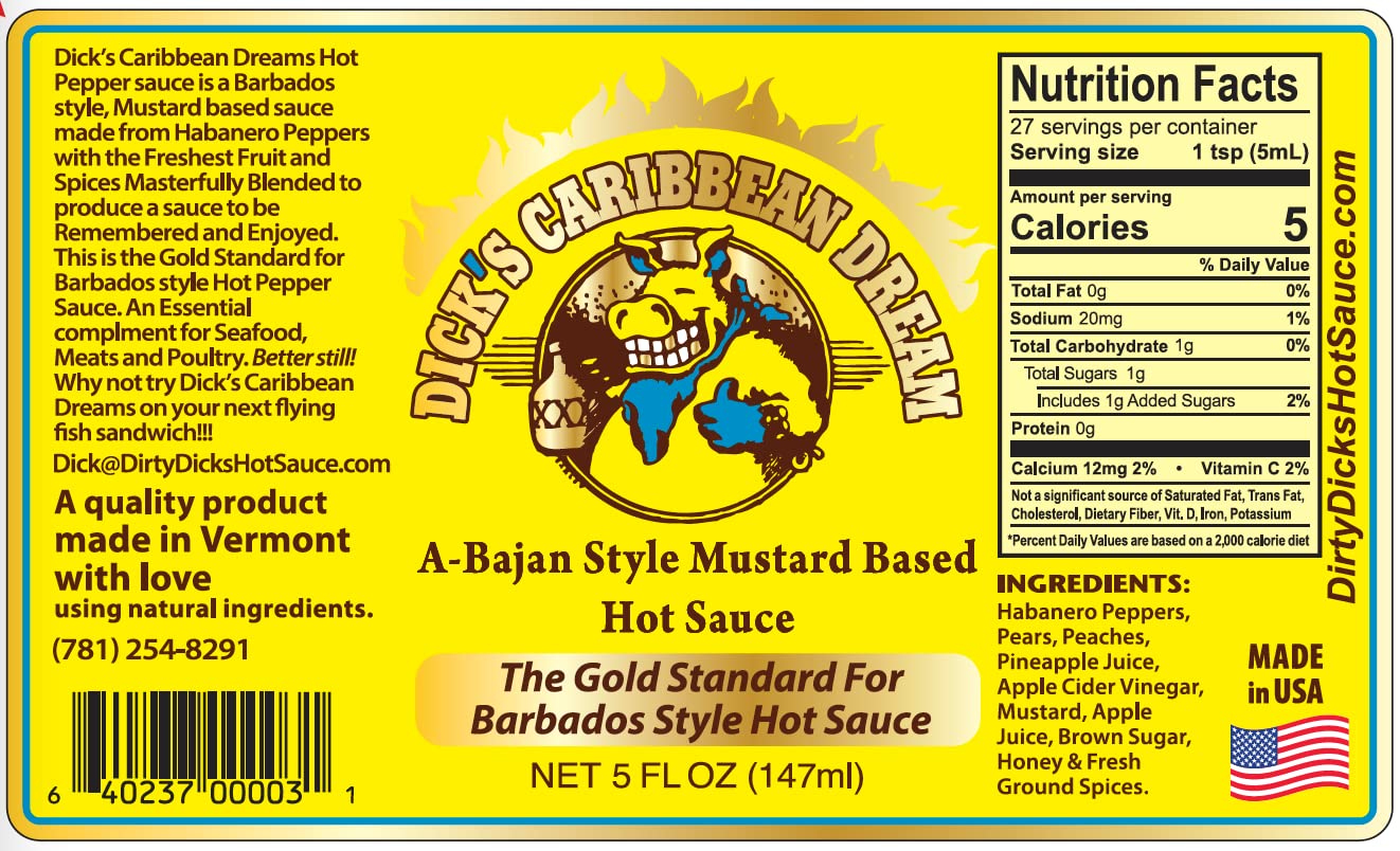 Dirty Dicks Caribbean Dream Hot Sauce 5oz - Barbados Mustard-Based Hot Sauce with Fresh Fruit & Spices - Perfect for Grilling, BBQ & Seafood Dishes - Pack of 1