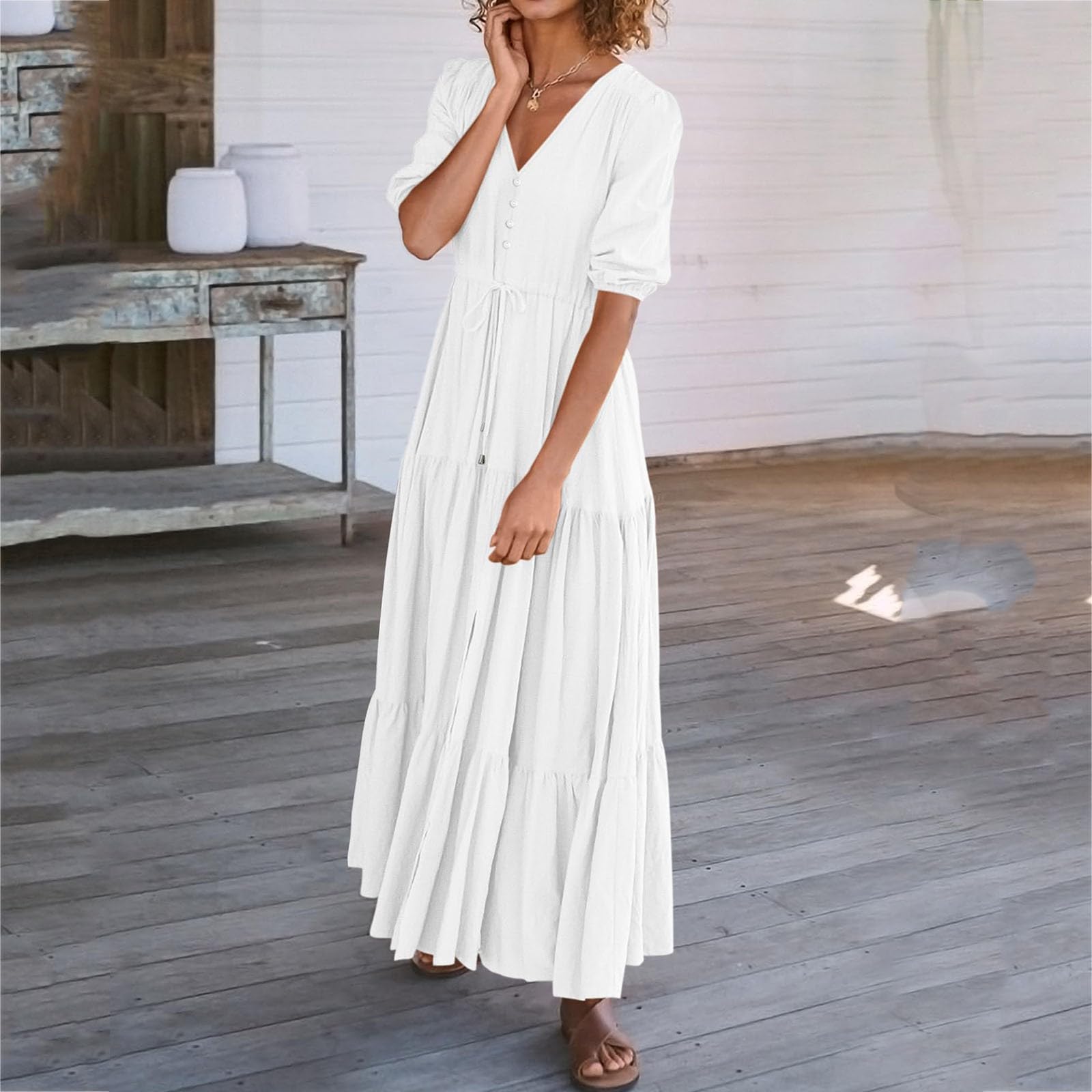 2024 Women's Tiered Maxi Dress - V Neck, Puff Sleeve, Belted Ruffle A-Line Flowy Sun Dress for Beach, Vacation & Summer Parties | Casual Boho Chic Dress for Outdoor Events, Date Night & Tropical Getaways