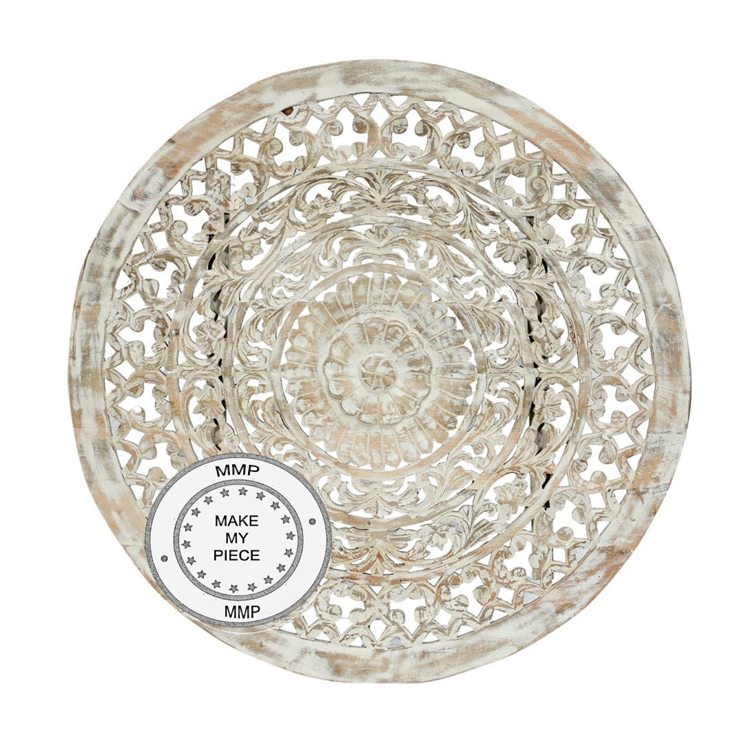 Handcrafted Indian Solid Wood Round Rosette Carved Panel Bed Headboard - Whitewashed Finish | Perfect for Boho, Farmhouse & Vintage Bedroom Decor