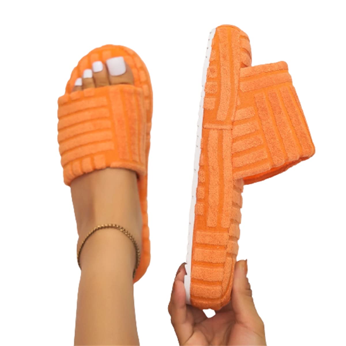Women's Comfortable Solid Color Platform Slippers - Soft Terry Cloth Open-Toe House Shoes for Women - Cozy Indoor/Outdoor Slides for Home, Spa, and Lounging