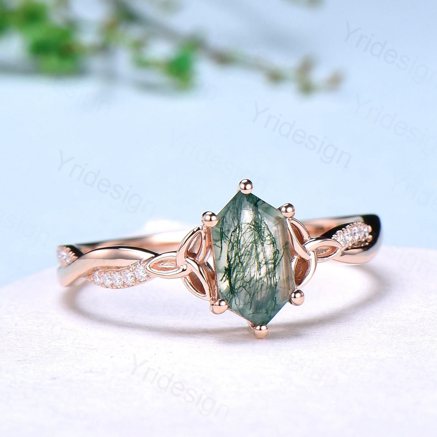 Rose Gold Norse Viking Long Hexagon Moss Agate Engagement Ring - 3/4 Eternity Twisted Infinity Moissanite/Diamond Wedding Band for Women - Perfect for Norse-Themed Weddings, Viking Lovers & Unique Bridal Jewelry