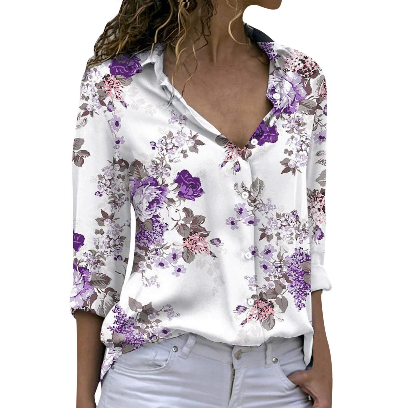 Women's Floral Print Long Sleeve Button Down Blouse - Summer Casual Fitted White Dressy Top for Work, Date Night & Office Wear