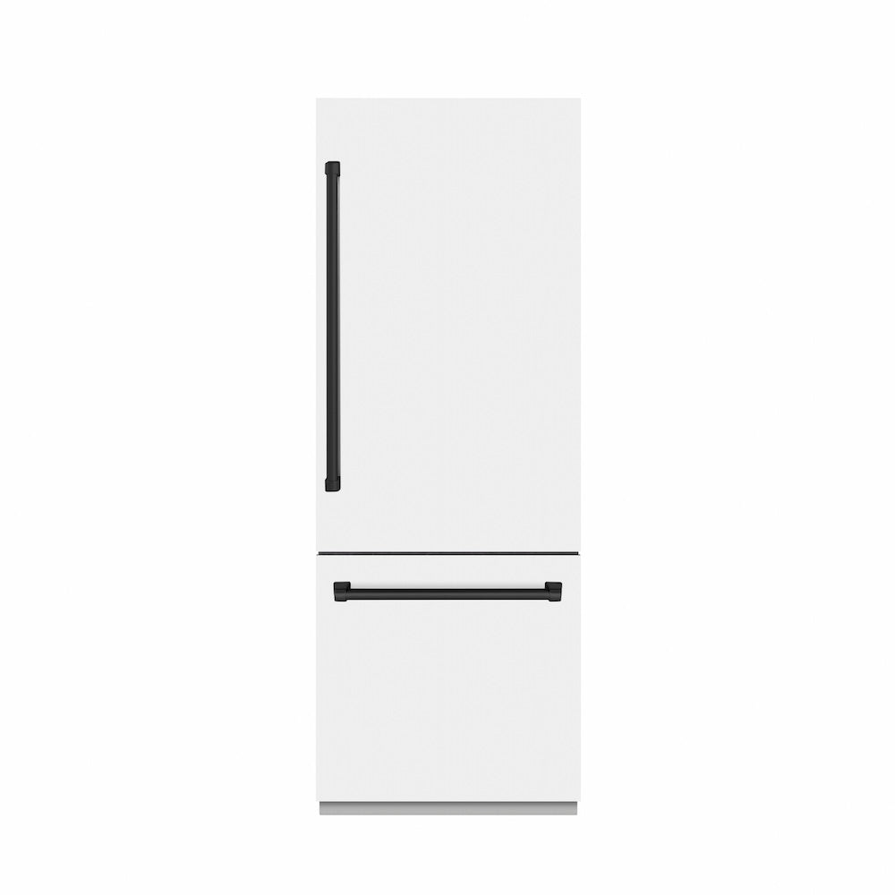 ZLINE Autograph Edition 30-Inch Built-In Bottom Freezer Refrigerator - 16.1 cu.ft Capacity, Water Dispenser & Ice Maker - White Matte Exterior with Graphite Gray Interior & Matte Black Accents (GRBIVZ WM 30 MB) - Perfect for Modern Kitchens, Open-Concept Homes & Luxury Appliances Collection