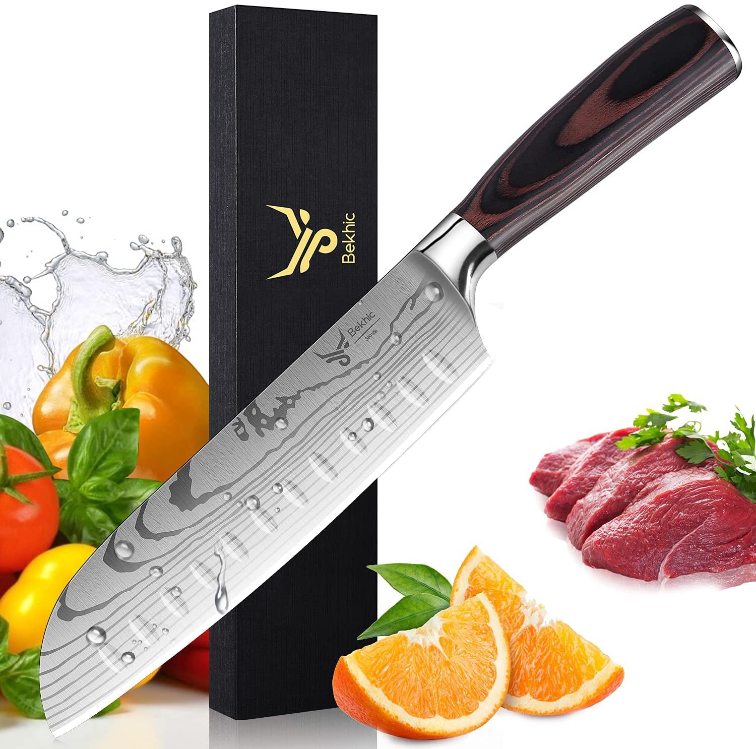 Premium 7 Inch Santoku Knife - Japanese Chef Knife with German High Carbon Stainless Steel Blade, Ergonomic Handle, Ultra Sharp (Silver & Maroon) | Perfect for Slicing, Dicing & Chopping Vegetables, Meat & Fish in Professional & Home Kitchens