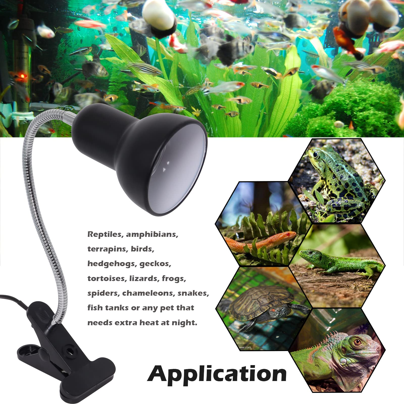 Swess UVA Reptile Heat Lamp - 360° Adjustable Basking Spot Light with Clip Holder & Switch for Lizards, Turtles, Snakes & Amphibians | Includes 2 Heat Bulbs | Perfect for Terrariums, Aquariums & Reptile Habitats