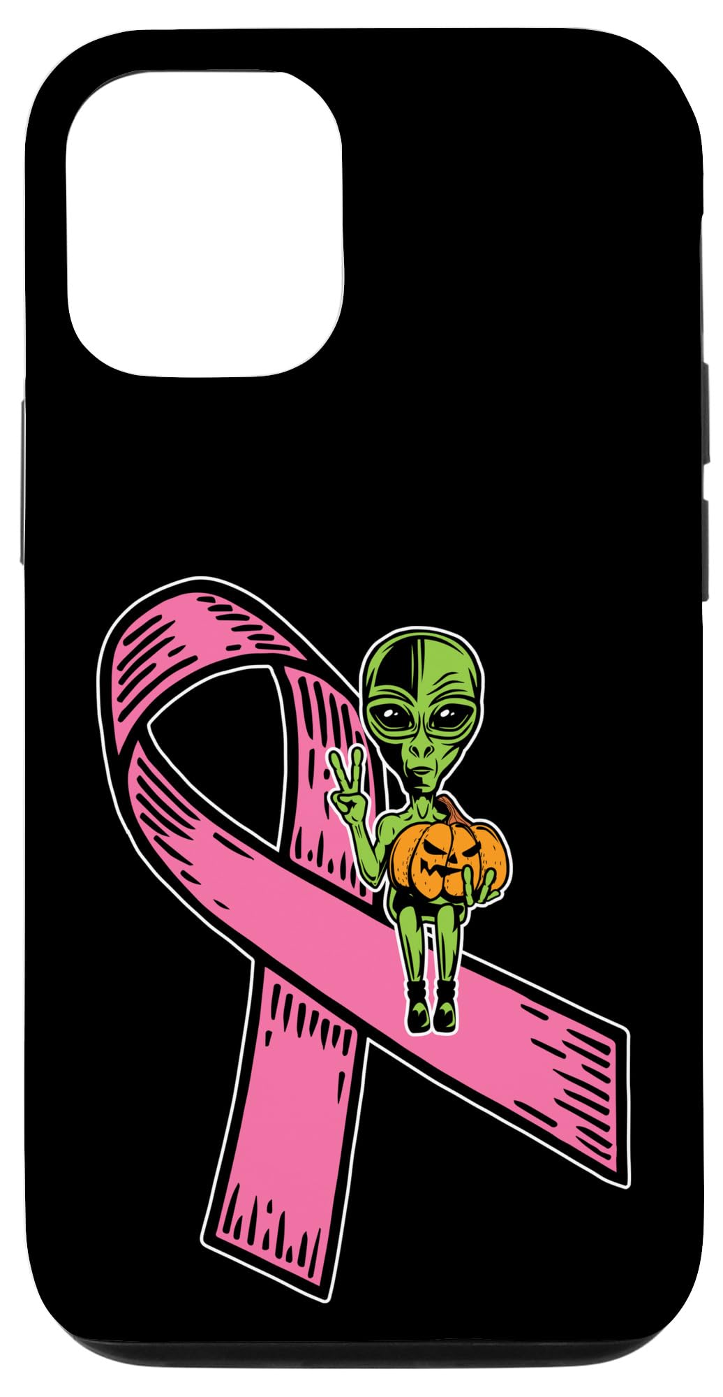 iPhone 12/12 Pro Case - Pink Ribbon Alien Pumpkin Design, Cool Halloween Phone Cover & Breast Cancer Awareness Gift for Women (Perfect for Halloween Parties, Cancer Support Events & Everyday Use)