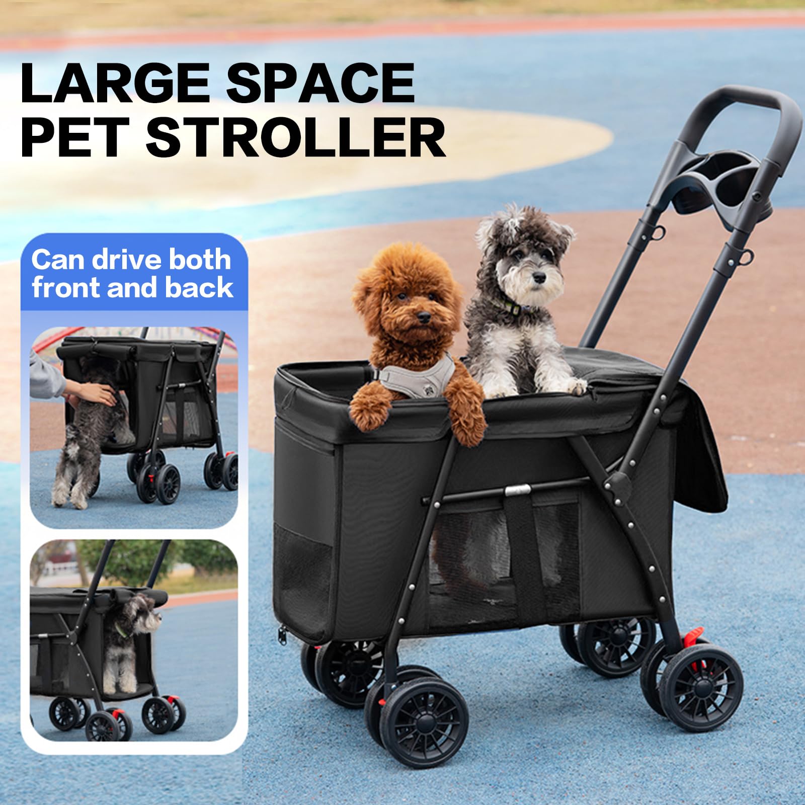 Folding Pet Stroller for Cats & Dogs - Black Travel Carrier for Outdoors