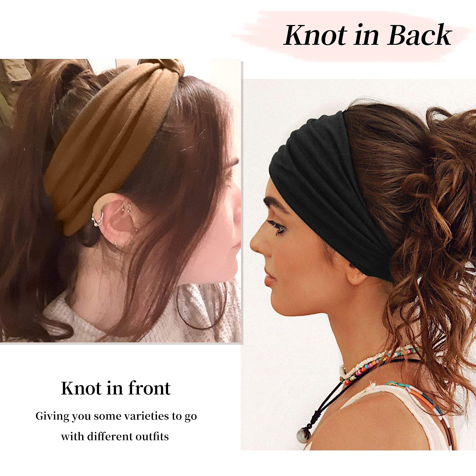 Stylish Wide Headbands for Women - Pack of 4 Black Boho Thick Hairbands, African Print Yoga Head Wraps & Sport Turban Headband Accessories - Perfect for Workouts, Yoga, Running and Fashion Styling