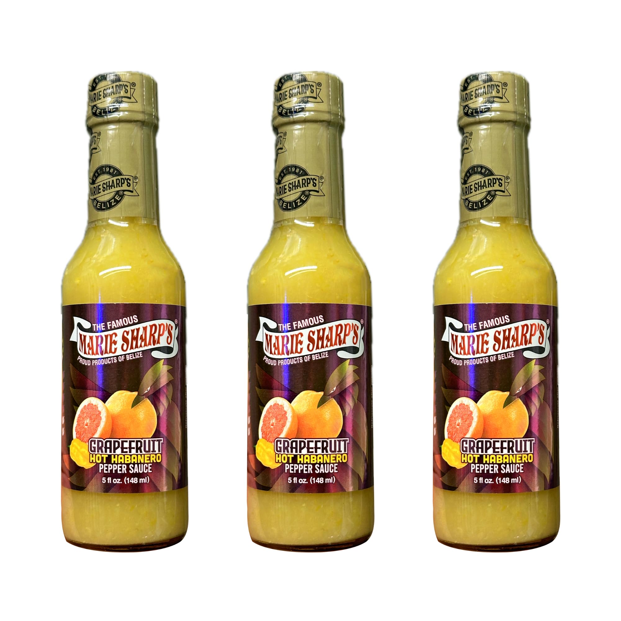 Marie Sharp's Grapefruit Hot Habanero Pepper Sauce - 5 oz Bottle (Pack of 3) | Spicy Caribbean-Inspired Condiment for Tacos, Wings & Seafood | Gluten-Free & Vegan Hot Sauce