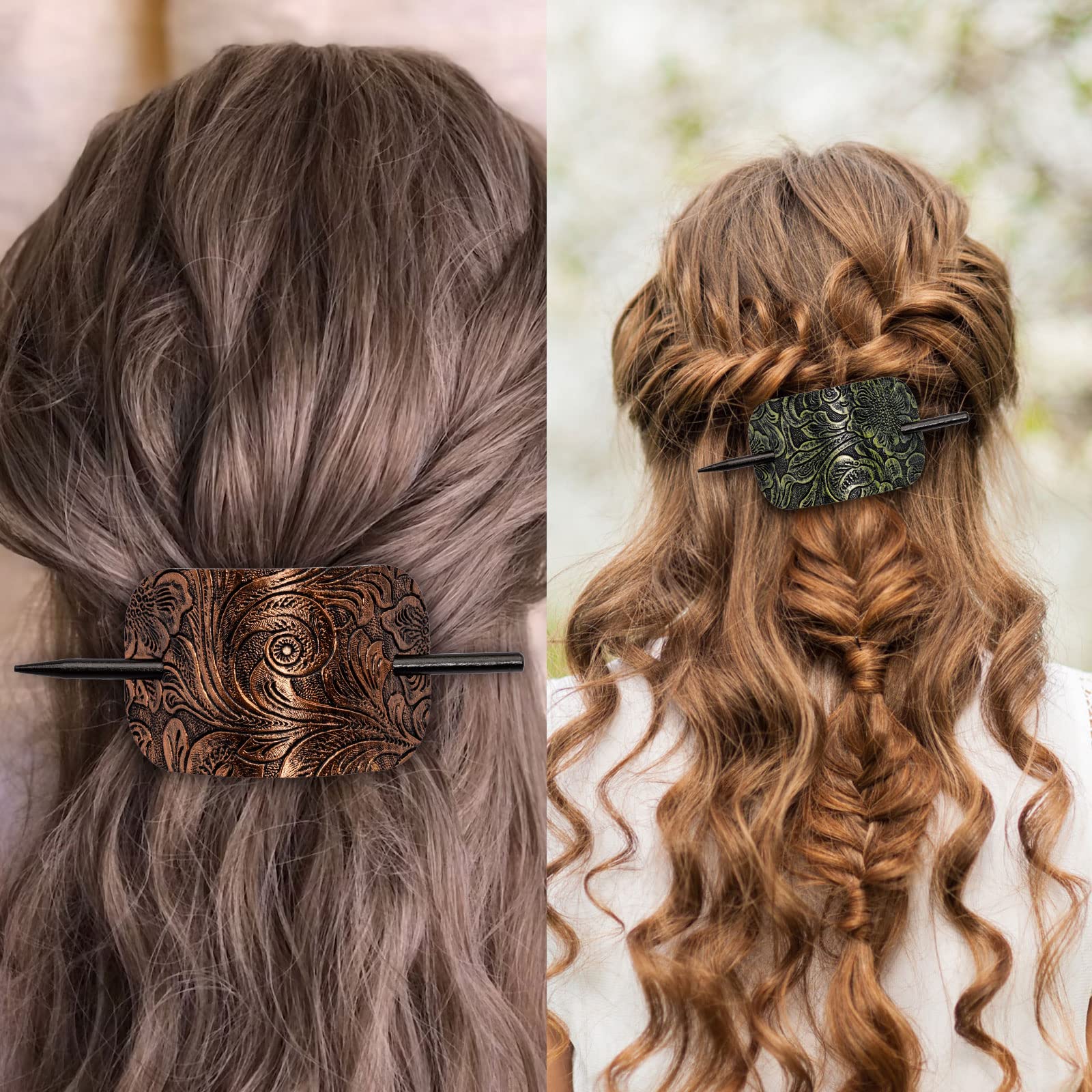 Noverlife 6PCS Leather Hair Barrettes with Wooden Stick - Square Hair Clips Set for Women & Girls, Ponytail Holders for School, Office & Wedding Hairstyles