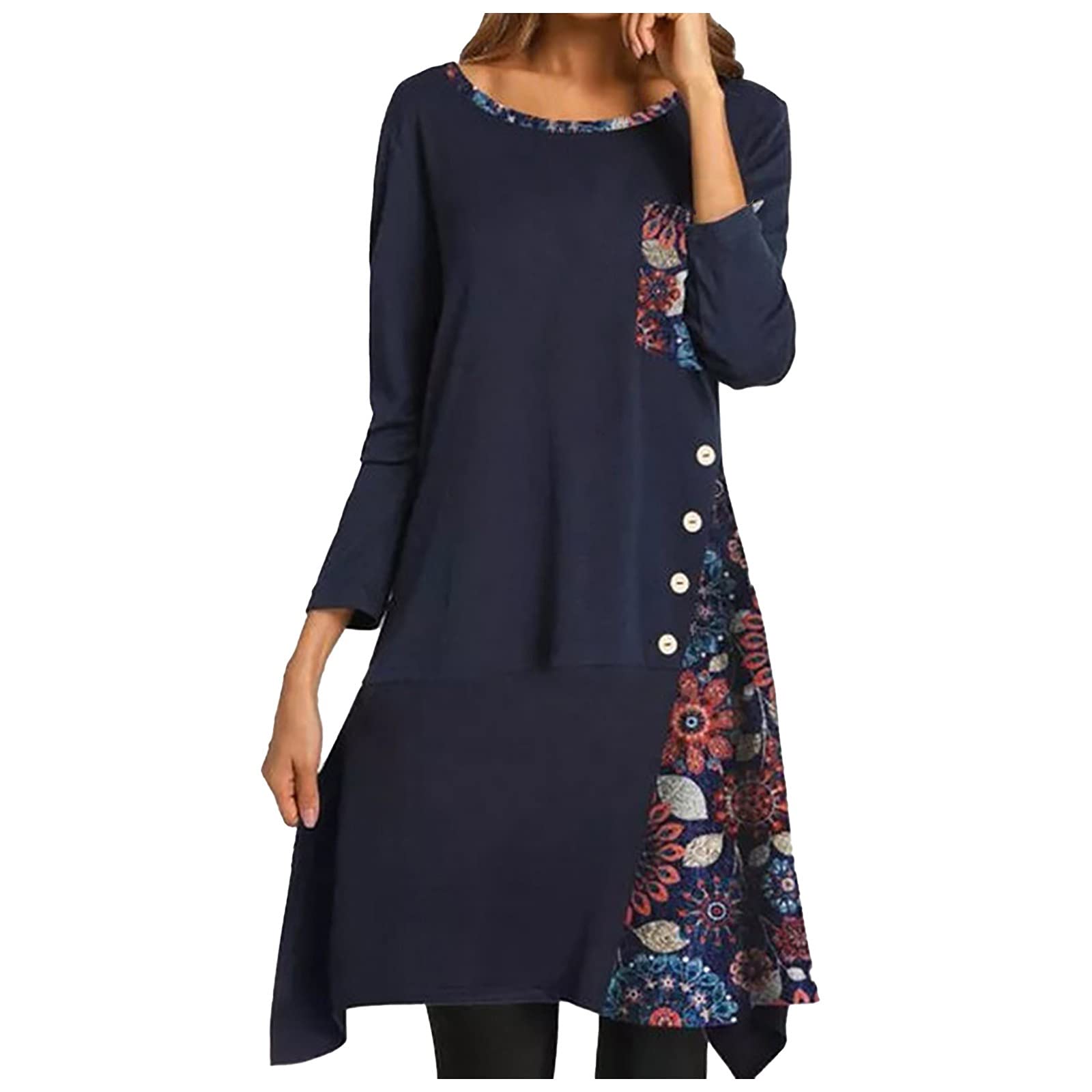Women's Floral Patchwork Long Sleeve Crewneck Dress - Casual Summer & Fall Graphic Print Maxi Dress for Women | Perfect for Beach Vacations, Date Nights & Outdoor Parties
