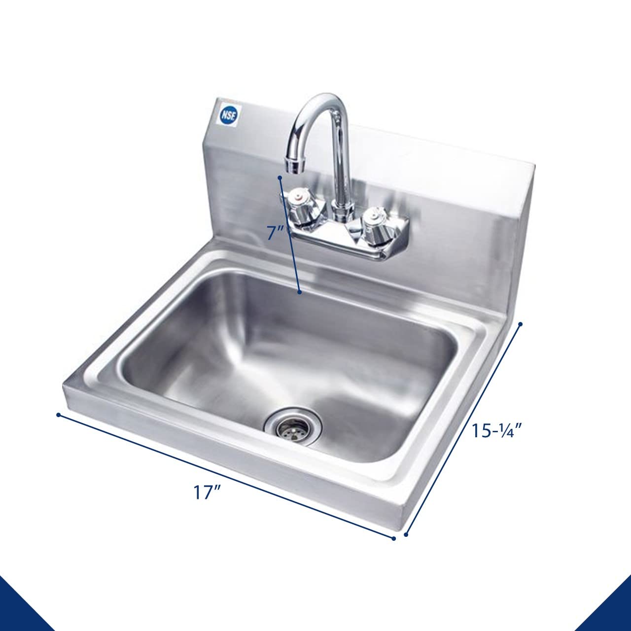 LEYSO 17 x 15 Inch NSF Certified Stainless Steel Commercial Hand Sink with Gooseneck Faucet & Strainer - Wall Mounted Restaurant Kitchen Sink for Food Service, Home, Bar, Salon & Healthcare Facilities