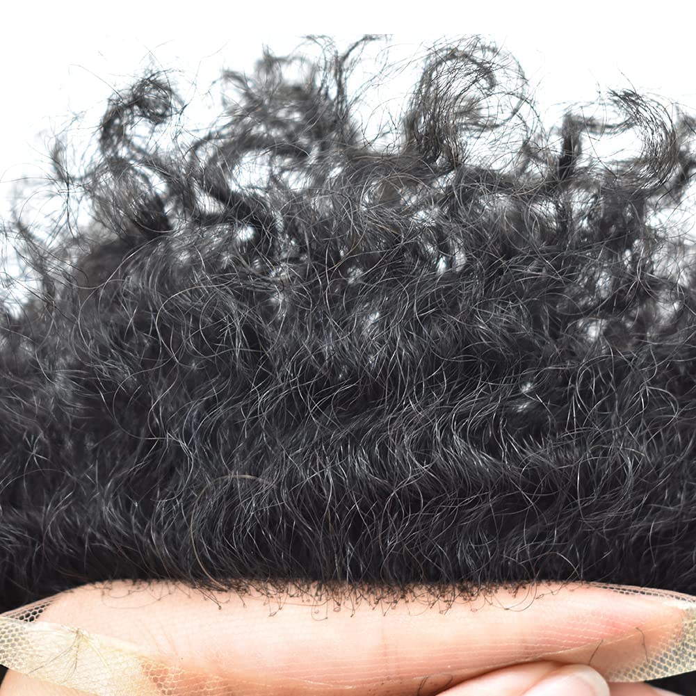 Afro Toupee for Black Men - Lace Front Replacement System with Poly Kinky Curly Human Hair - Injected PU Base - Natural Black Hairpiece for Daily Wear & Special Occasions