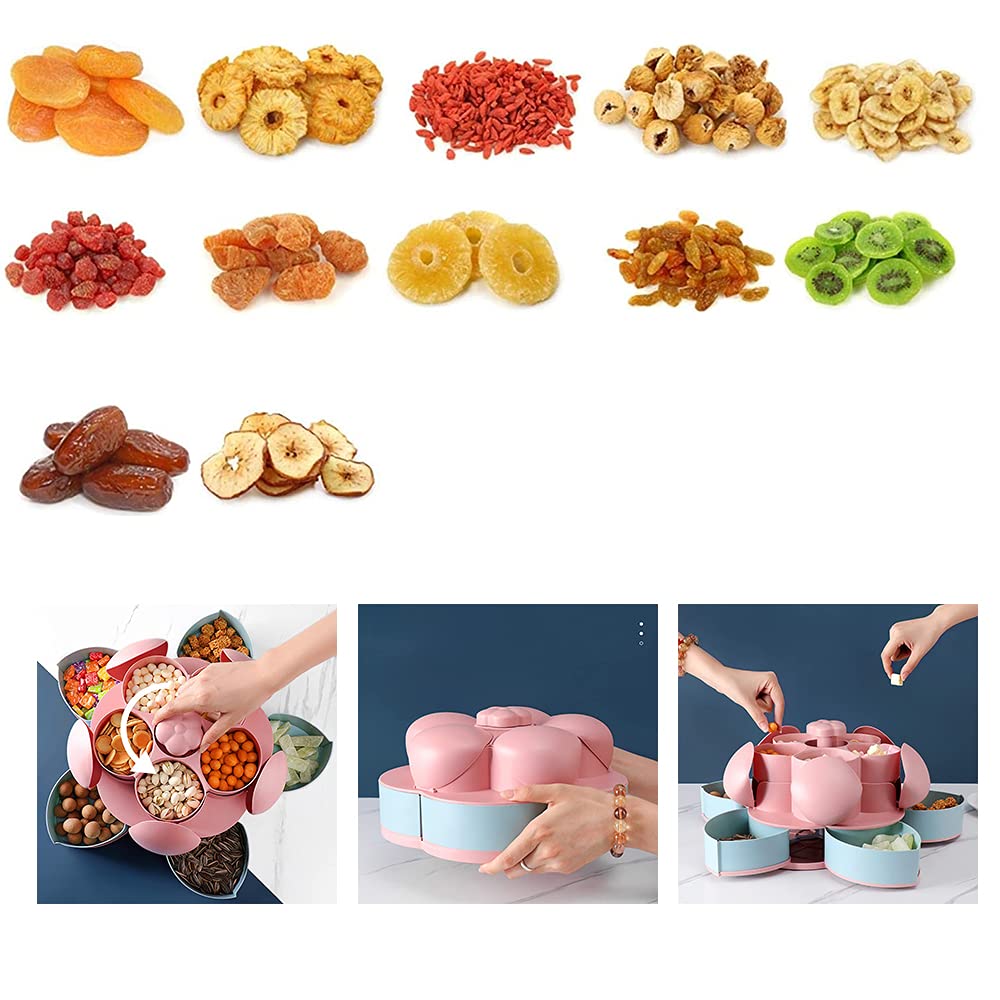 Double Deck Snack Box - 10 Grid Rotating Candy Serving Tray for Dried Fruit, Nuts, Chips & Olives | Flower-Shaped Creative Storage Container (Pink) - Perfect for Parties, Movie Nights & Home Entertaining