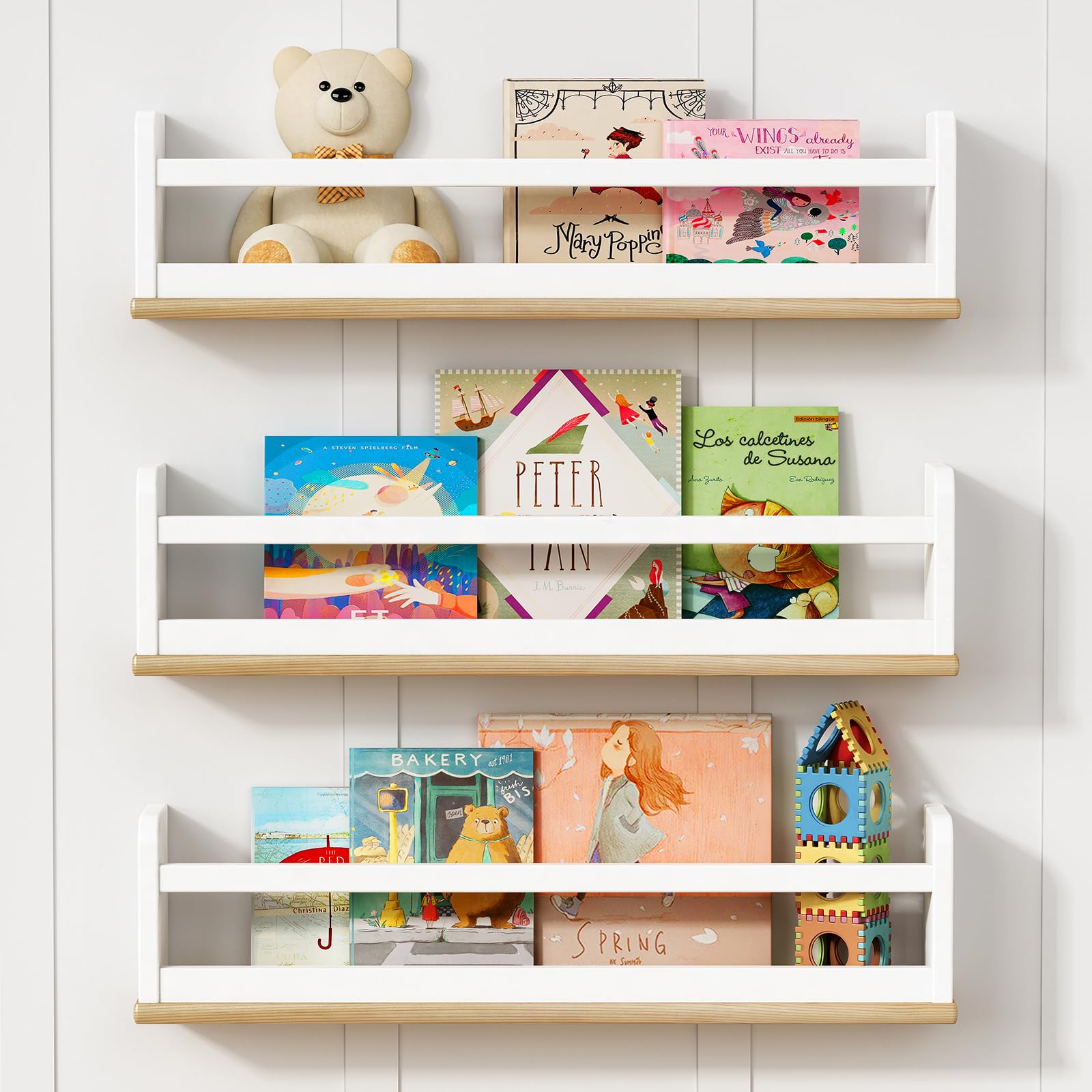 Upgraded 24 Inch Floating Bookshelf for Kids - Wall Mounted Nursery Book Shelves in White & Natural Wood - Space Saving Hanging Bookshelves for Toddler Bedroom, Playroom & Nursery (Set of 3) - Perfect for Organizing Storybooks, Toys & Decor