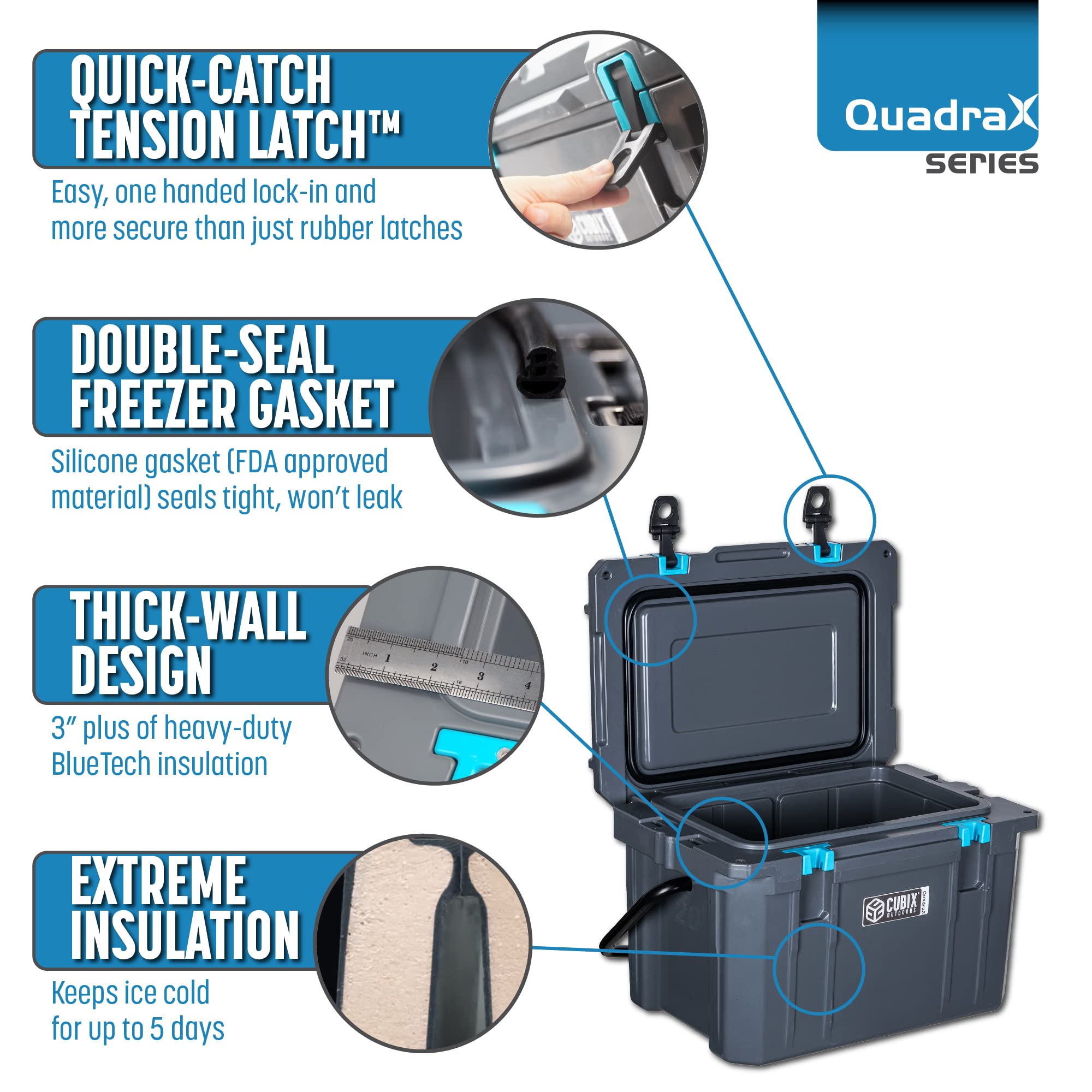 QuadraX 20QT Rotomolded Portable Hard Cooler for Camping, Fishing, Beach, Picnics & Outdoor Adventures | Heavy Duty Insulated Ice Chest with 5-Day Cold Retention | Perfect for Tailgating, Boating & Road Trips