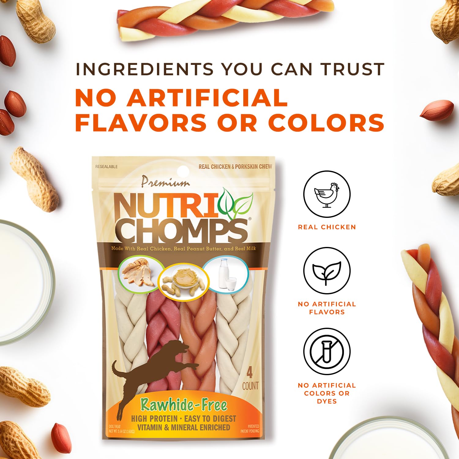 NutriChomps Healthy Dog Chews - 6-inch Braided Rawhide-Free Treats with Real Chicken, Peanut Butter & Milk Flavors - Easy to Digest Pack of 4 - Perfect for Training, Teething & Dental Care - Ideal for Puppies, Small & Medium Dogs - Great for Chewing, Rewards & Oral Hygiene at Home or Outdoors