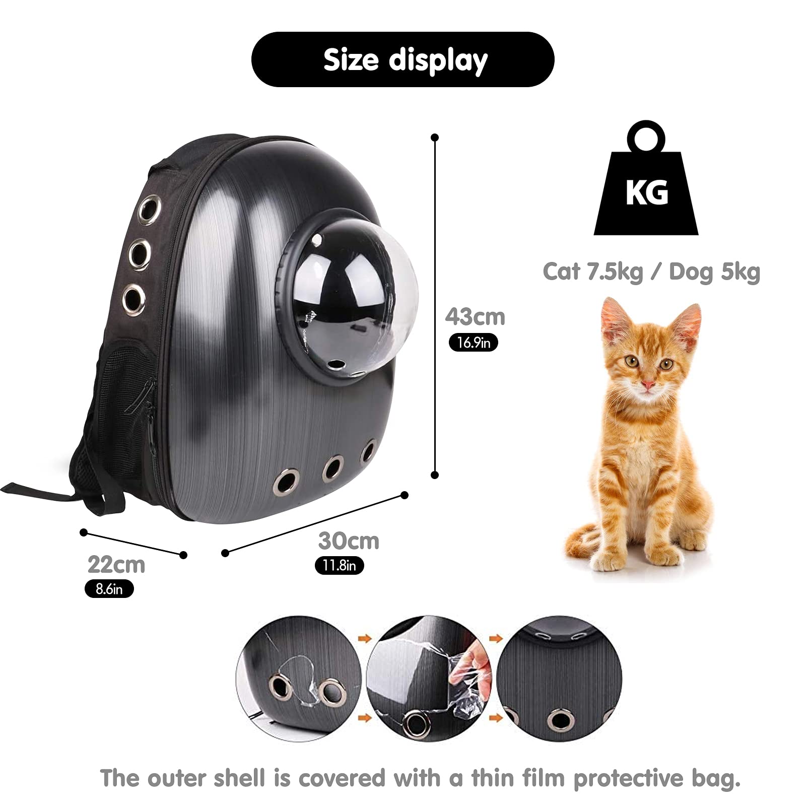 Breathable Pet Carrier Backpack for Cats & Small Dogs - Portable Space Capsule Design with Double Zipper & Adjustable Shoulder Straps | Ideal for Air Travel, Hiking, and Vet Visits