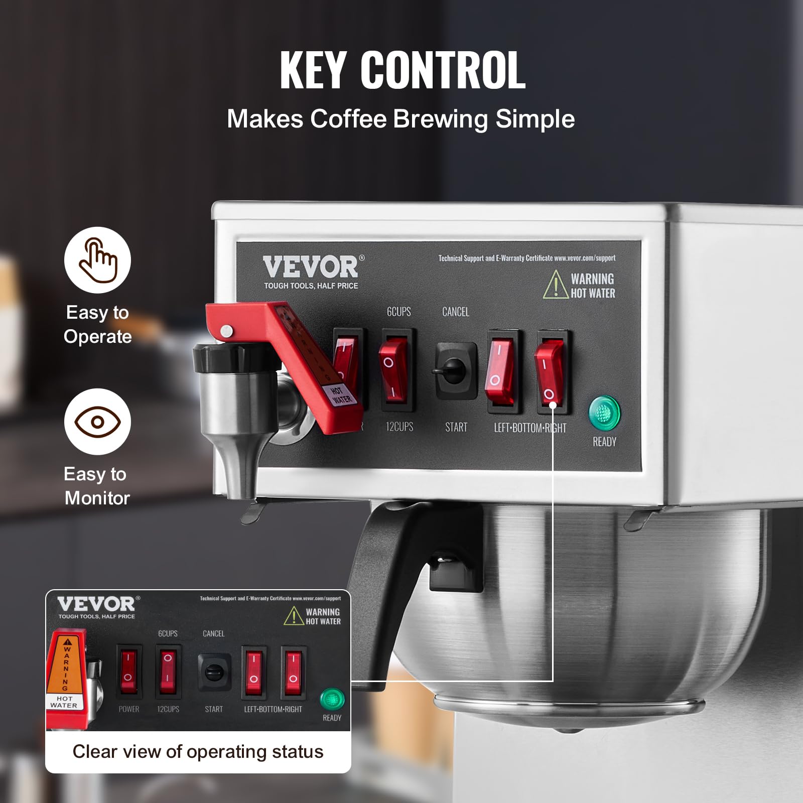 VEVOR 12 Cup Commercial Drip Coffee Maker with 3 Glass Carafes & Warmer Plates - Stainless Steel Automatic Coffee Machine for Restaurants, Offices & Cafes - Perfect for High-Volume Brewing & All-Day Service