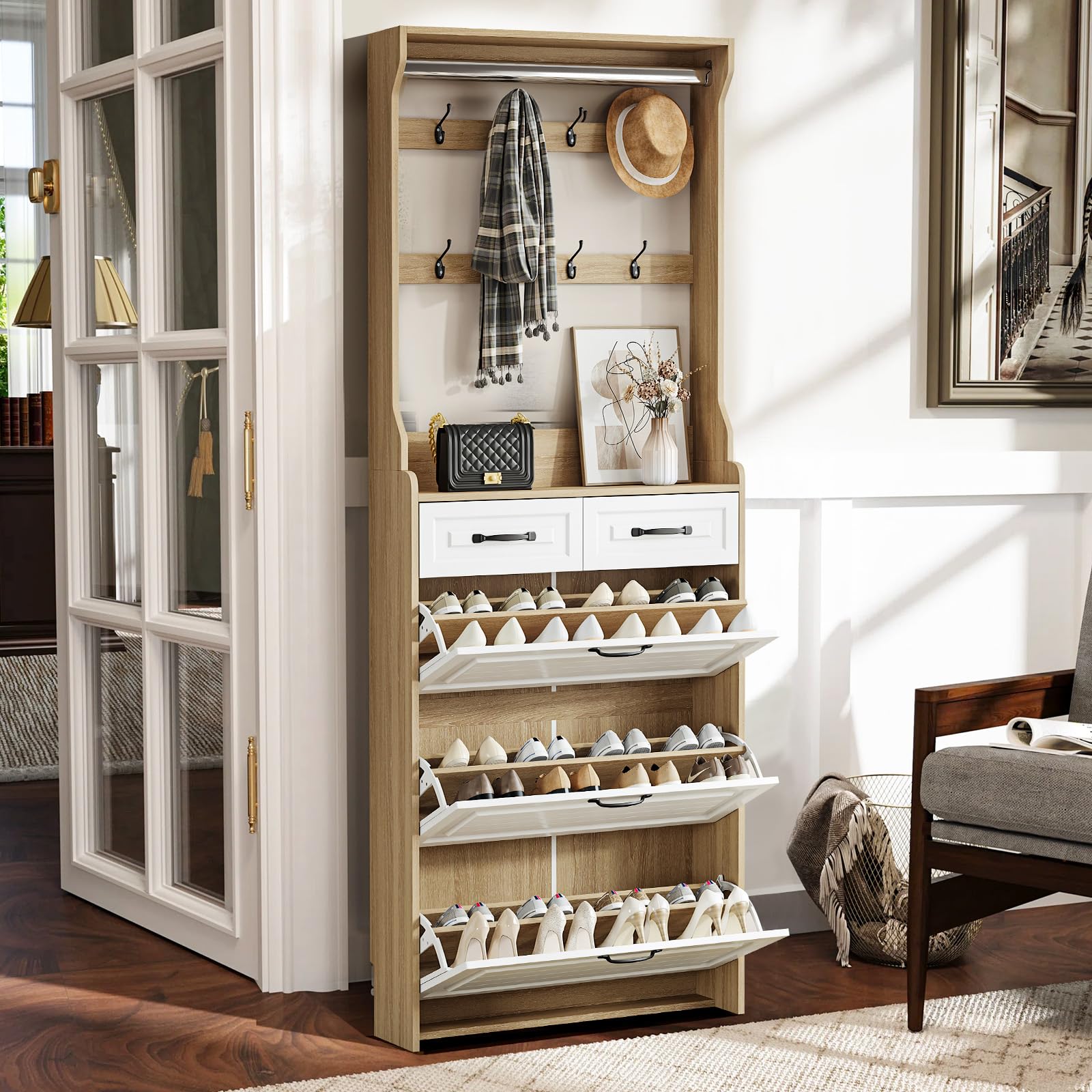 WIIS' IDEA 3-Tier Flip Front Shoe Cabinet with 2 Drawers - Freestanding Entryway Shoe Storage Organizer - Hidden Wooden Shoe Rack for Small Spaces - Narrow Farmhouse Style Shoe Cabinet with Legs (Brown) - Perfect for Hallway, Closet & Apartment Organization