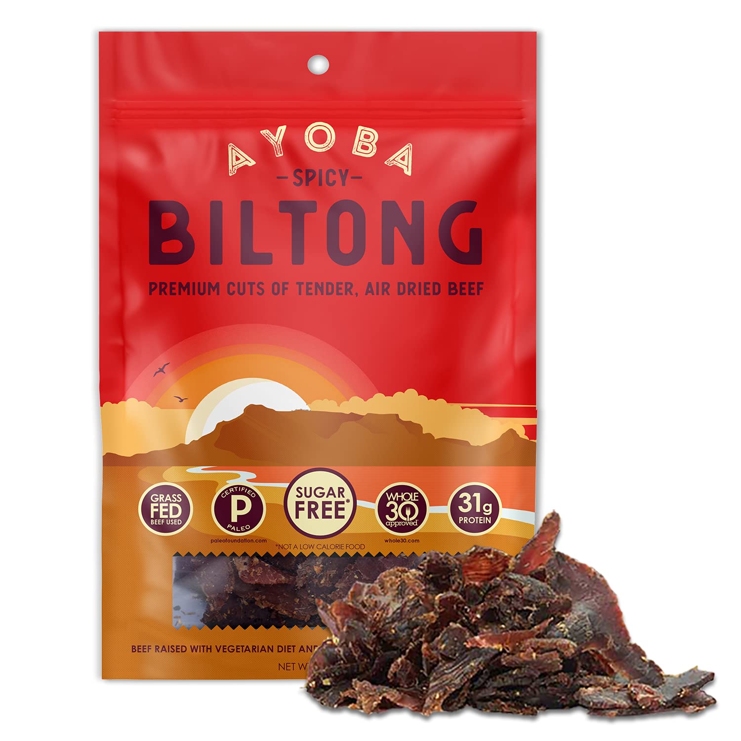 Ayoba Spicy Grass Fed Beef Biltong Slices - 2oz Pack | Keto, Paleo, Gluten Free, Whole30 Approved, Sugar Free, No Carb Meat Snack | Perfect for Hiking, Travel & Low Carb Diet