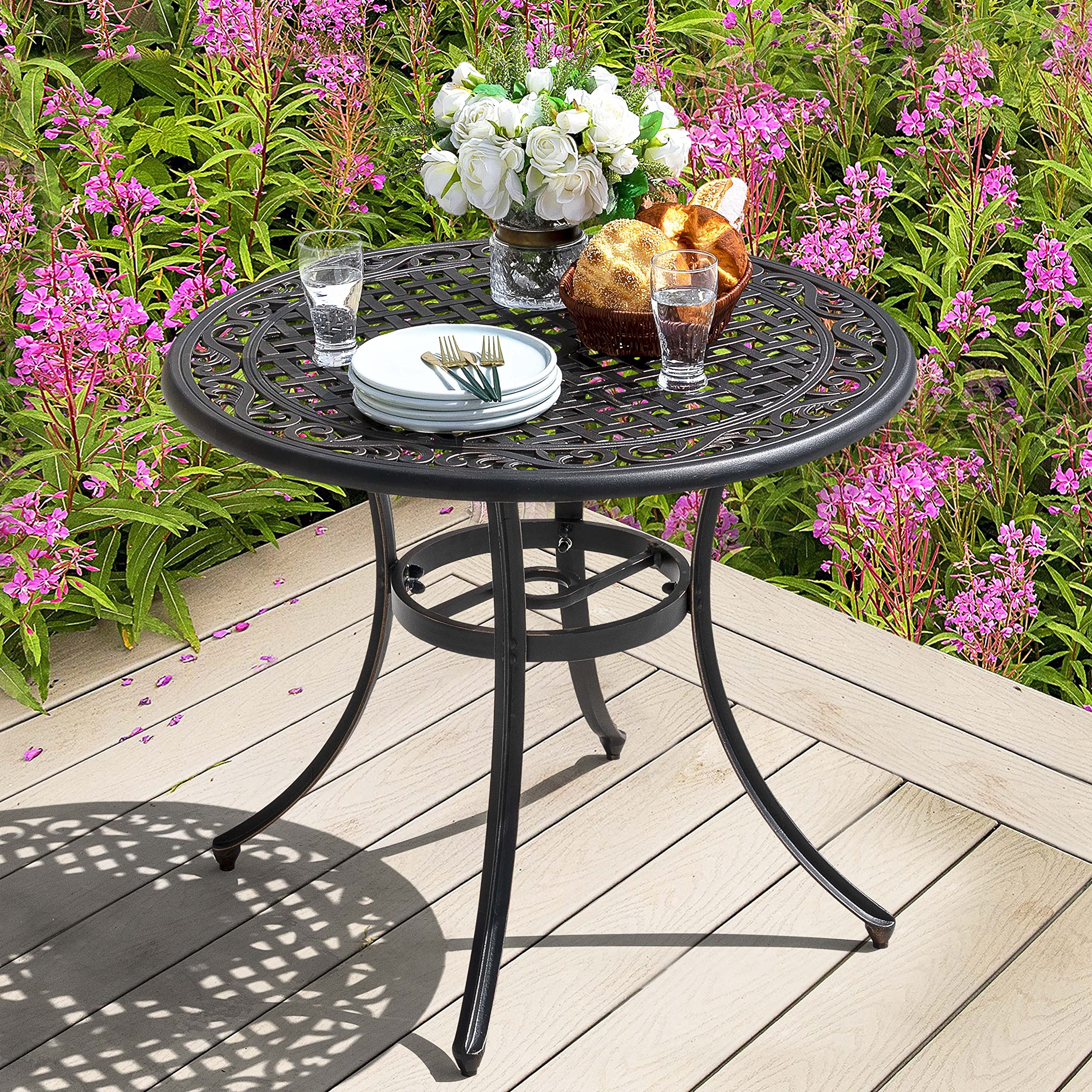 36 Inch Outdoor Patio Dining Table with Umbrella Hole - Durable Cast Aluminum Bistro Table in Black & Antique Bronze Finish - Perfect for Garden, Backyard, Poolside or Restaurant Outdoor Seating