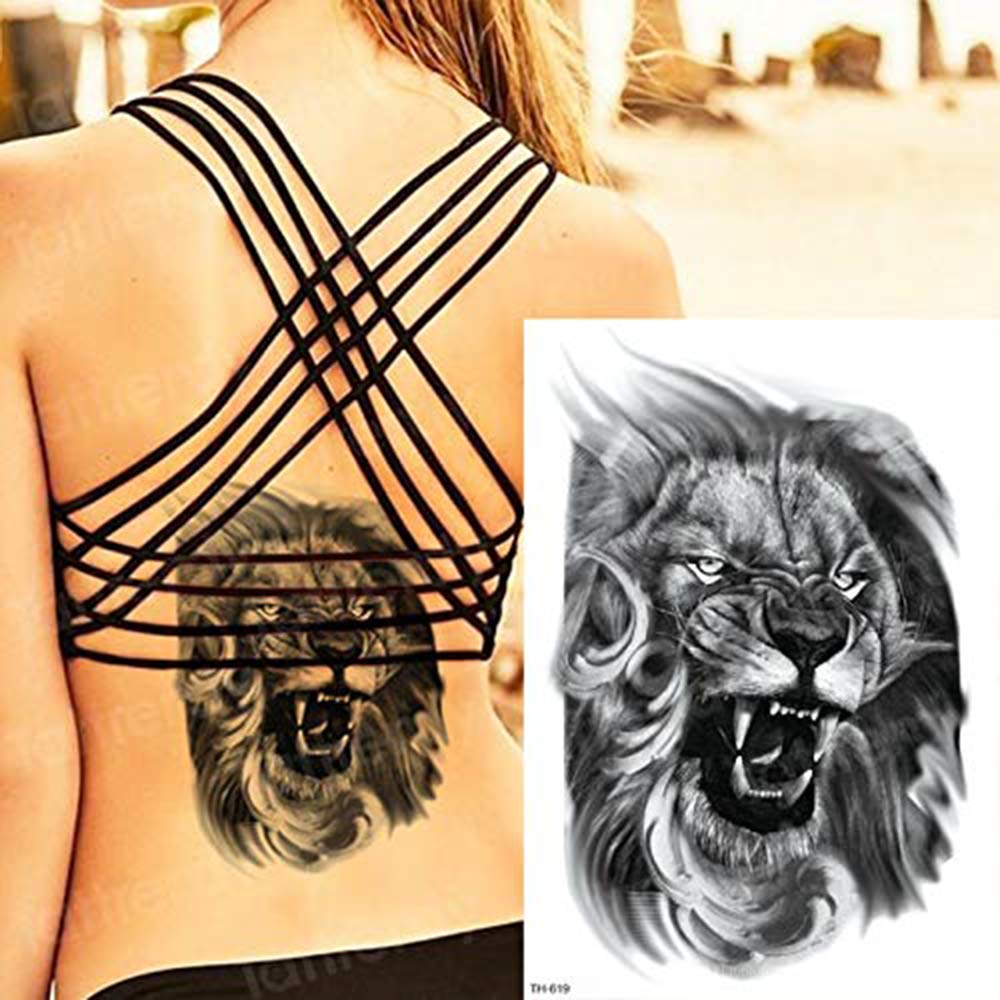 3D Temporary Tattoo Angry Roaring Lion Face Design - 21x15CM Large Fake Tattoo Sticker (1PC, Multi Color) for Halloween Costume, Cosplay & Body Art Parties