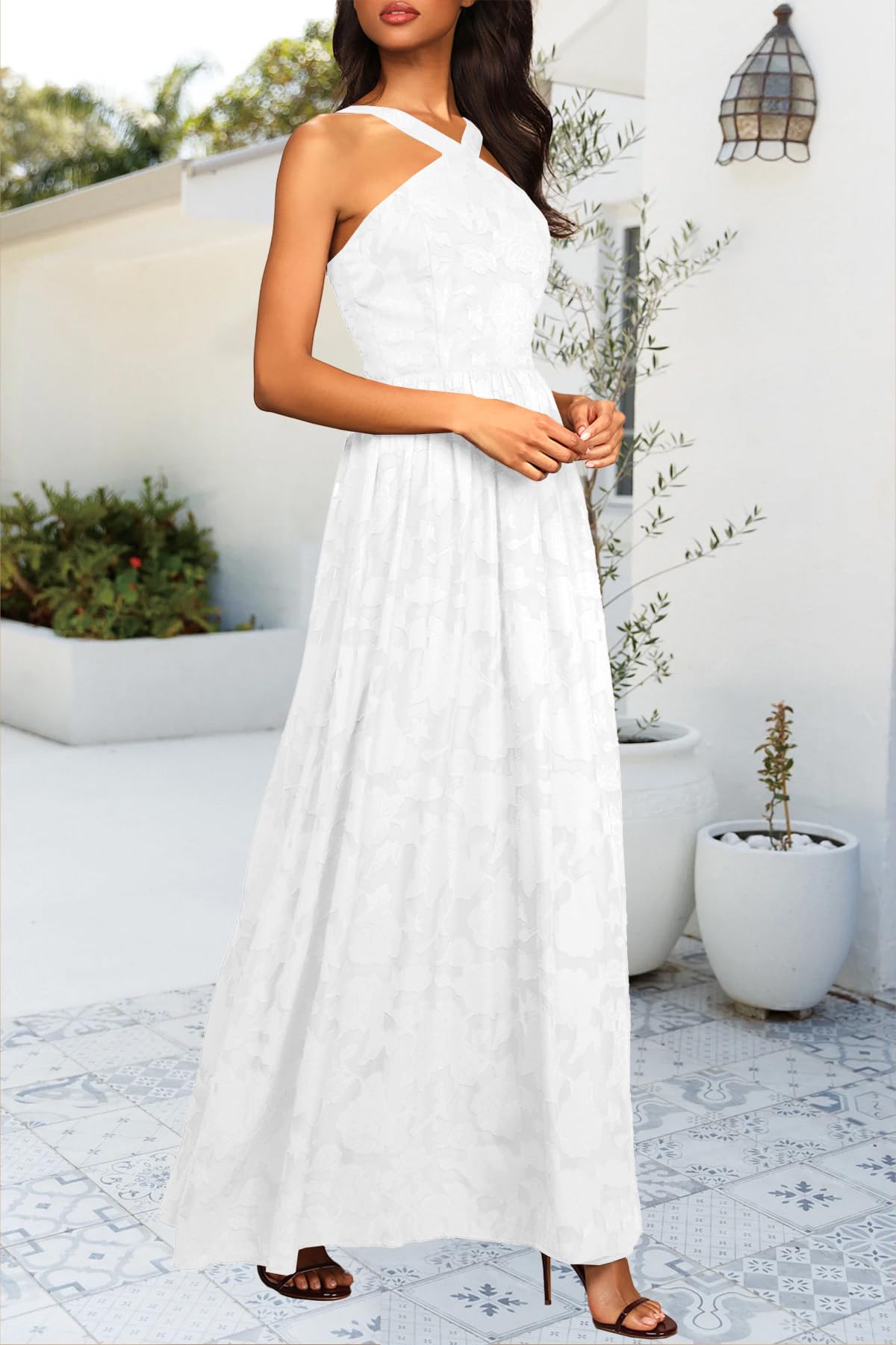MITILLY Women's Boho Floral Maxi Dress - 2025 Summer Halter Neck Sleeveless Smocked Backless A-Line Flowy Dress with Pockets | Beach Wedding, Vacation, Party Outfit