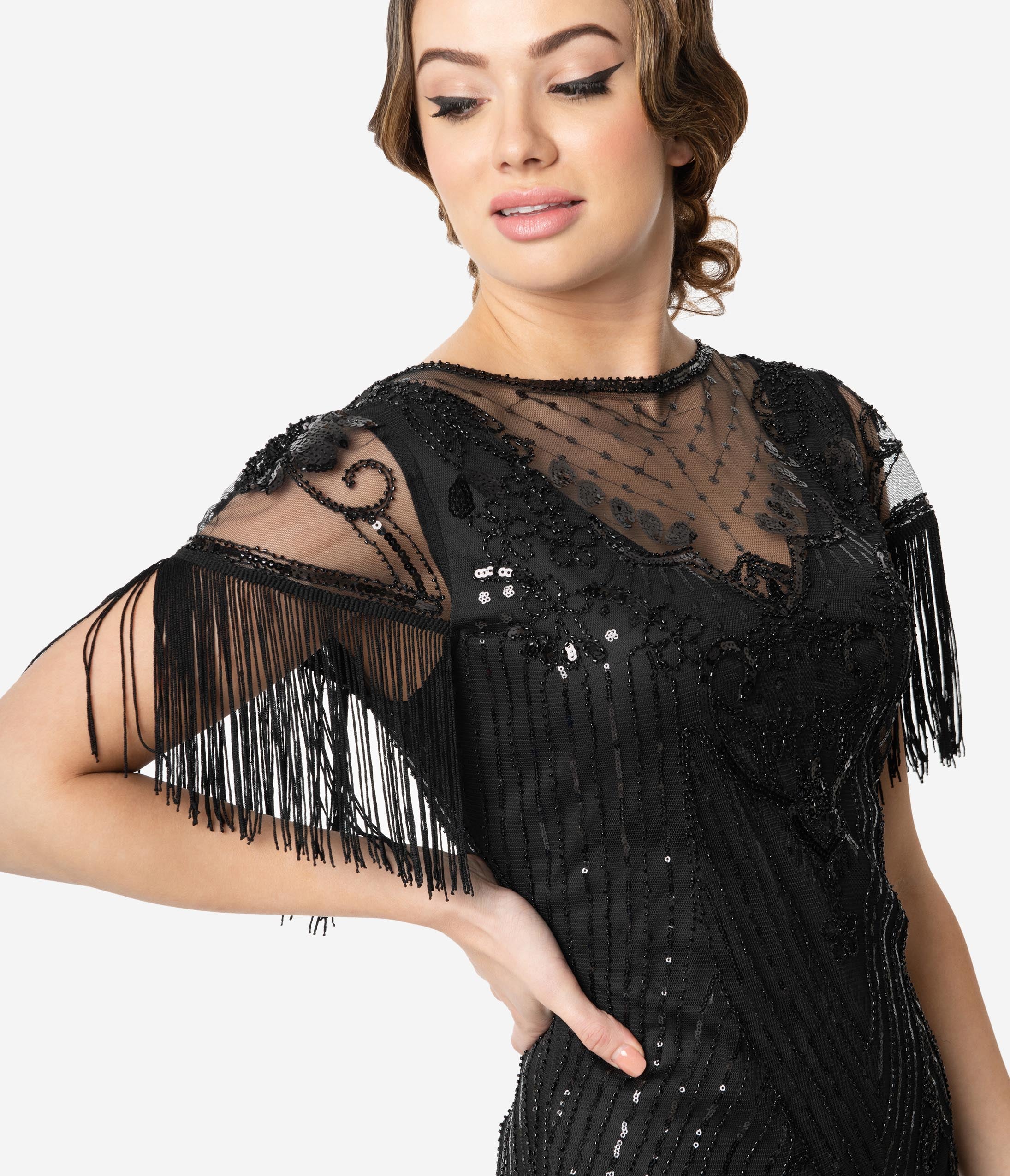Vintage 1920s Black Beaded Fringe Flapper Dress with Sleeves - 1920s Gatsby Party Costume, Roaring 20s Themed Event, Halloween Costume, Jazz Age Outfit