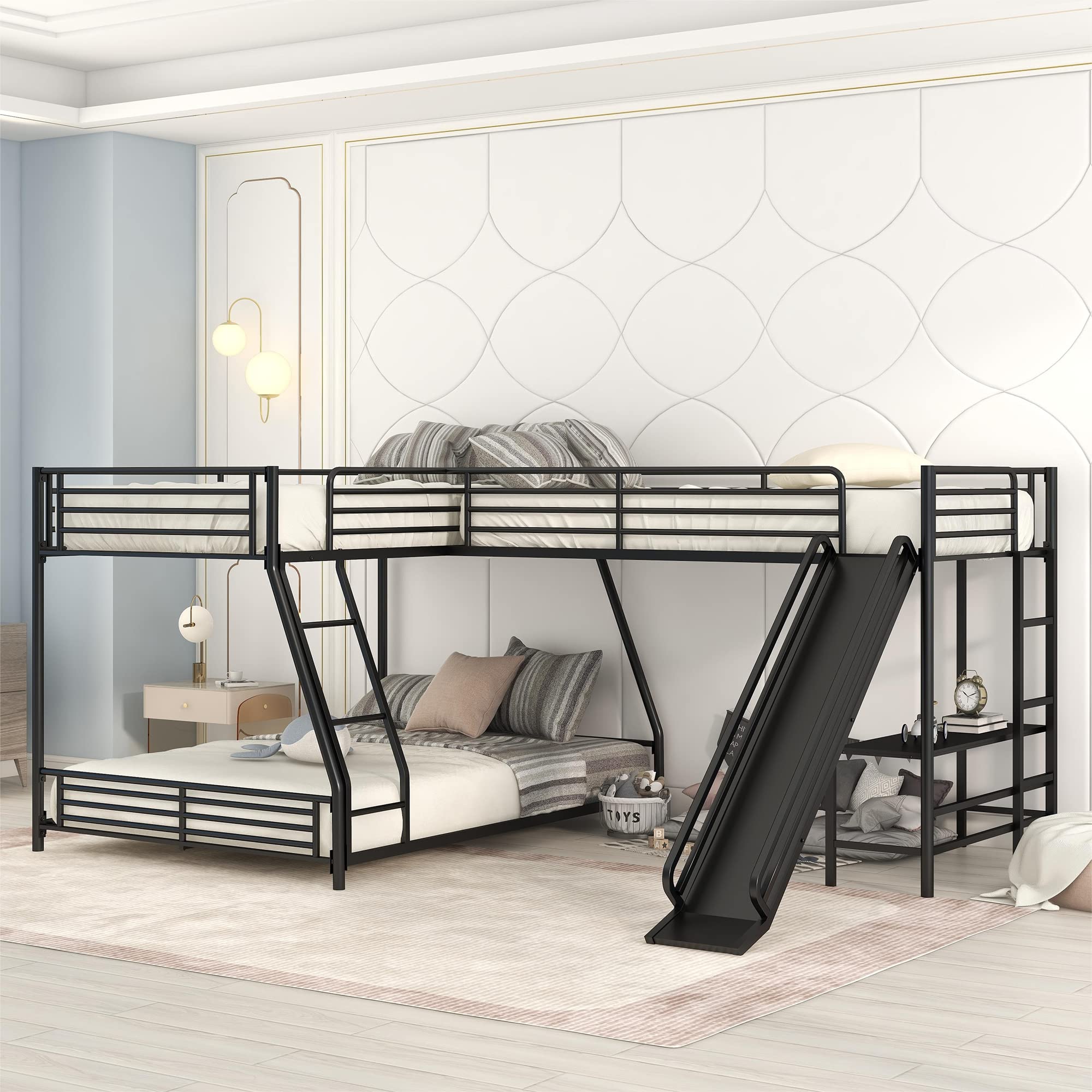 BOVZA L-Shaped Triple Bunk Bed - Twin Over Full Metal Bunk Beds for 3 Kids with Built-in Desk & Slide - Space-Saving Kids Bedroom Furniture for Small Rooms & Shared Spaces - Black