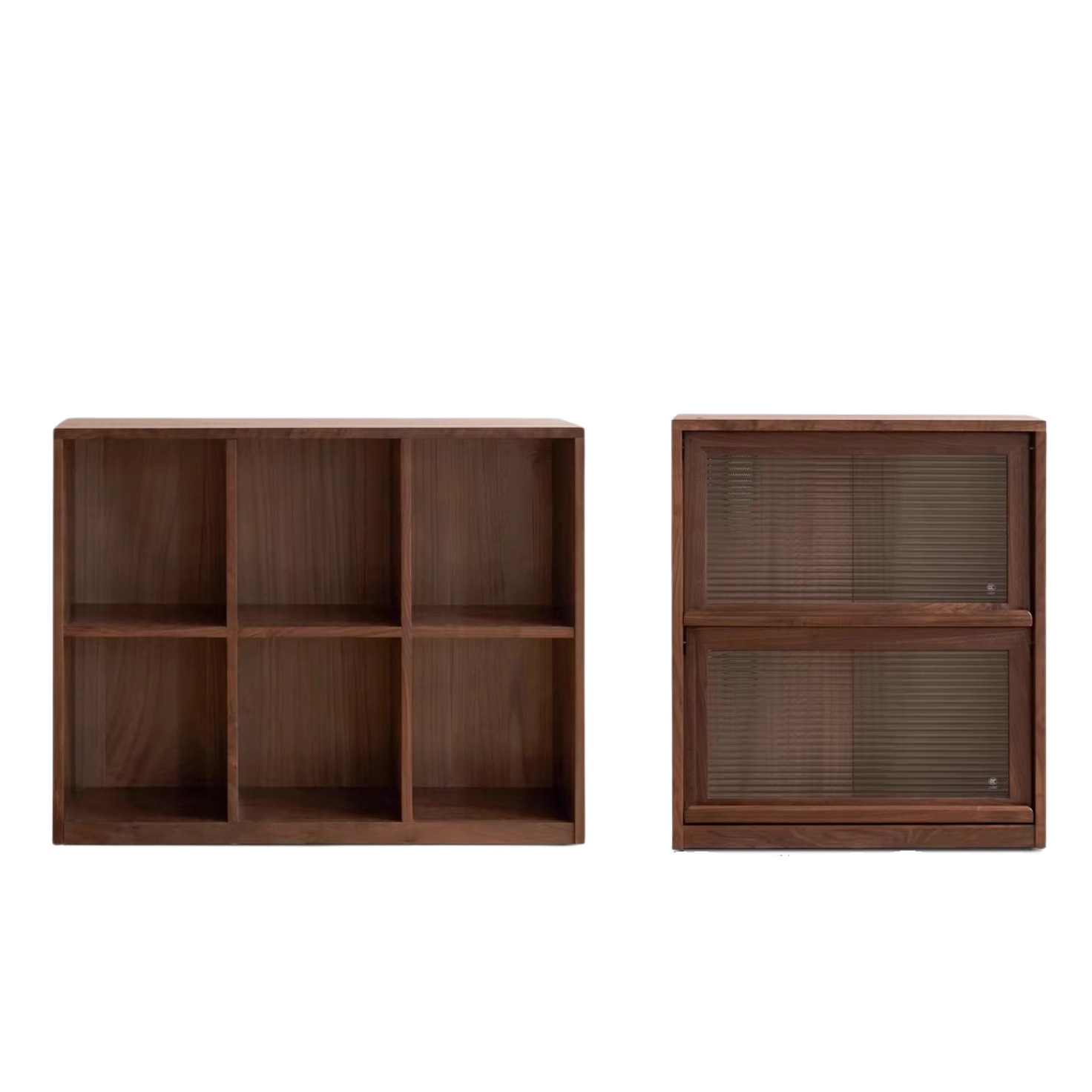 38.6x13.8x29.5 inch + 26x13.8x29.5 inch / 98x35x75 сm + 66x35x75 сm / Rich dark walnut color / Black walnut Bookcase 23 grid +  Flip-door cabinet -