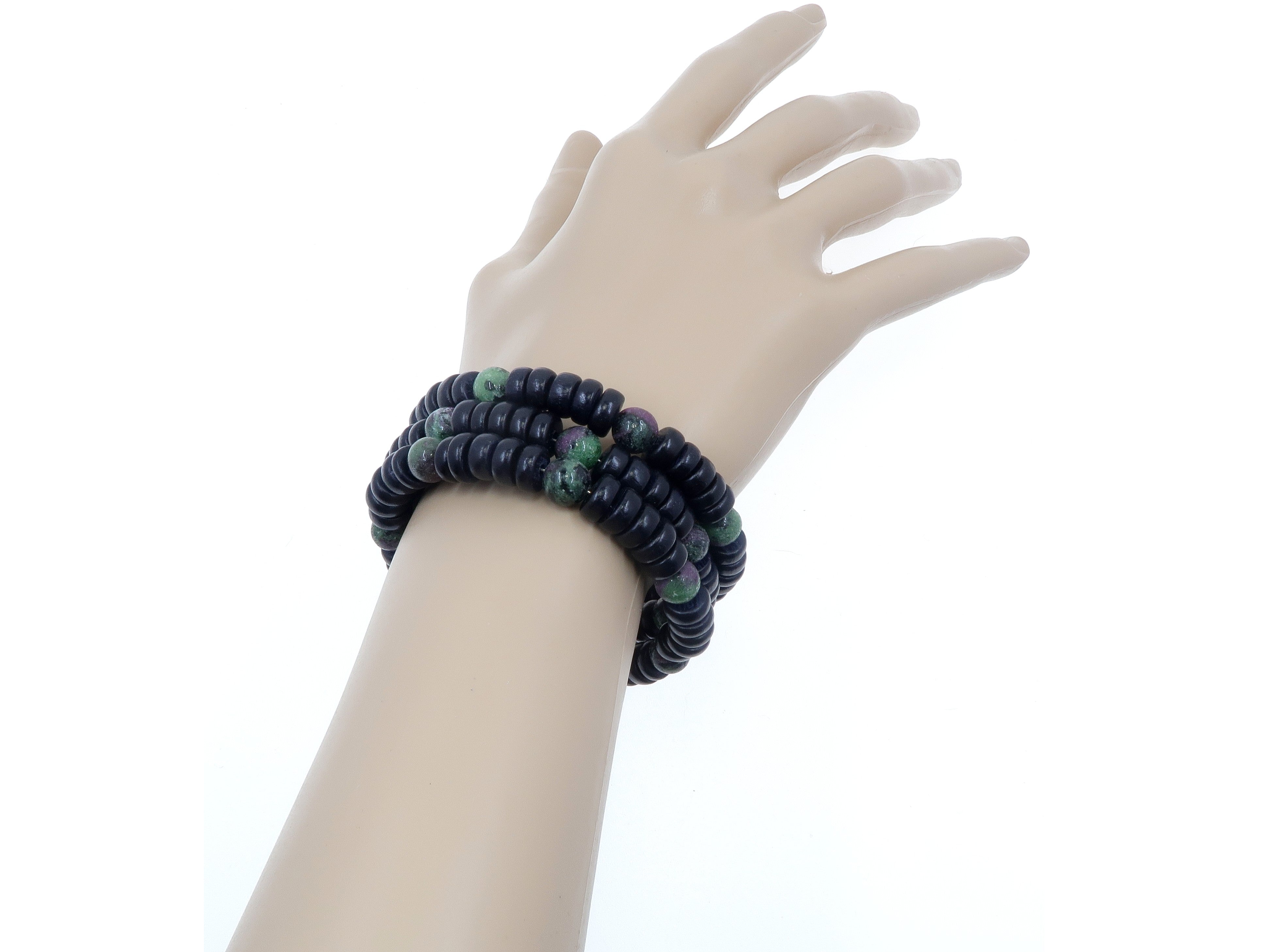 Natural Ruby Zoisite Bracelet - Elegant Twist Design with Memory Wire & Wood Beads | Spiritual Healing, Meditation & Fashion Jewelry for Women