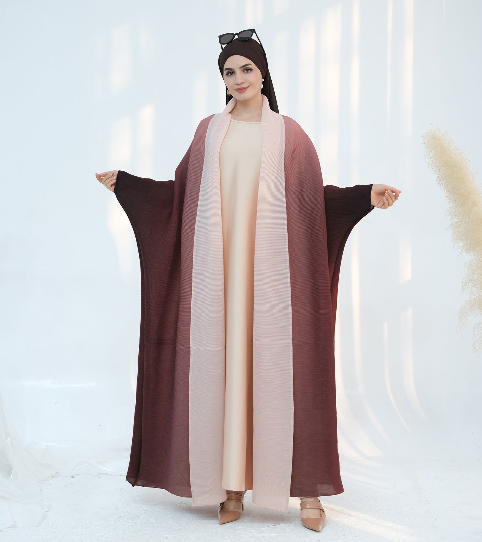 Elegant Kenyat Pleated Ombre Kimono Open Abaya in Brick Color - Perfect for Modest Fashion, Prayer Dresses, and Special Occasions