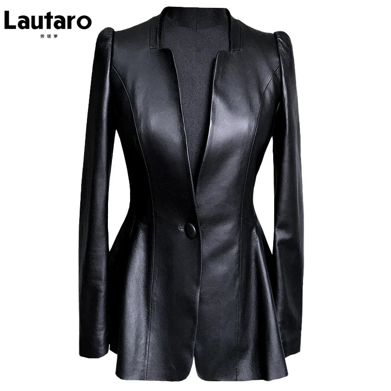 Women's Autumn Black Slim Soft PU Leather Jacket - Deep V Neck Long Puff Sleeve Elegant Blazer with Skirted Hem | Luxury Fashion Outerwear for Office, Dating & Special Occasions