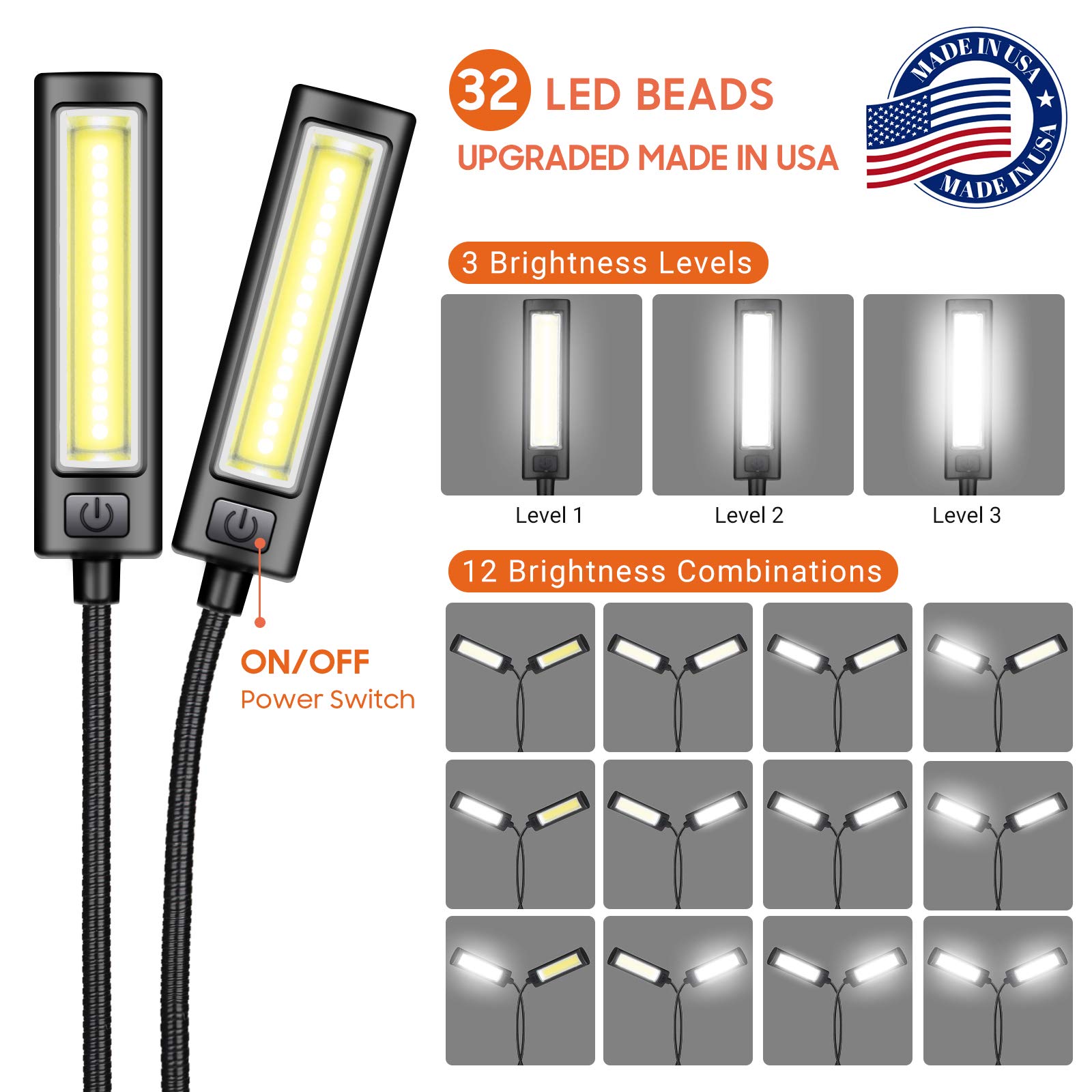 CAHAYA LED Music Stand Light - 3 Brightness Modes, Portable & Adjustable Rechargeable Book Lamp with USB Cable - Perfect for Reading, Sheet Music, and Nighttime Studying