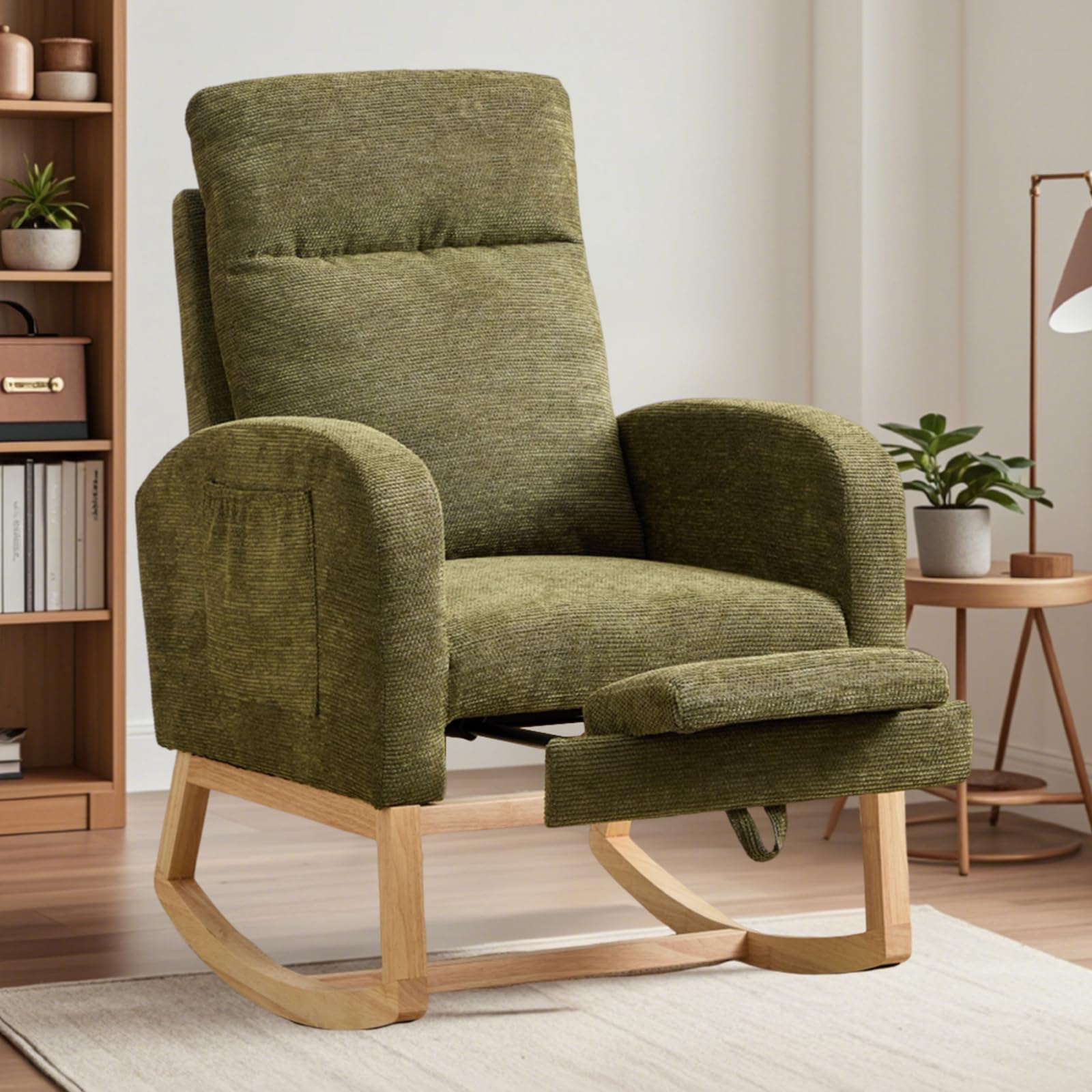 Comfortable Nursery Rocking Chair with Adjustable Footrest - Soft Teddy Fabric, Solid Wood Legs, High Back Support & Side Pockets (Cyan) - Perfect for Baby Nurseries, Living Rooms & Breastfeeding Moms