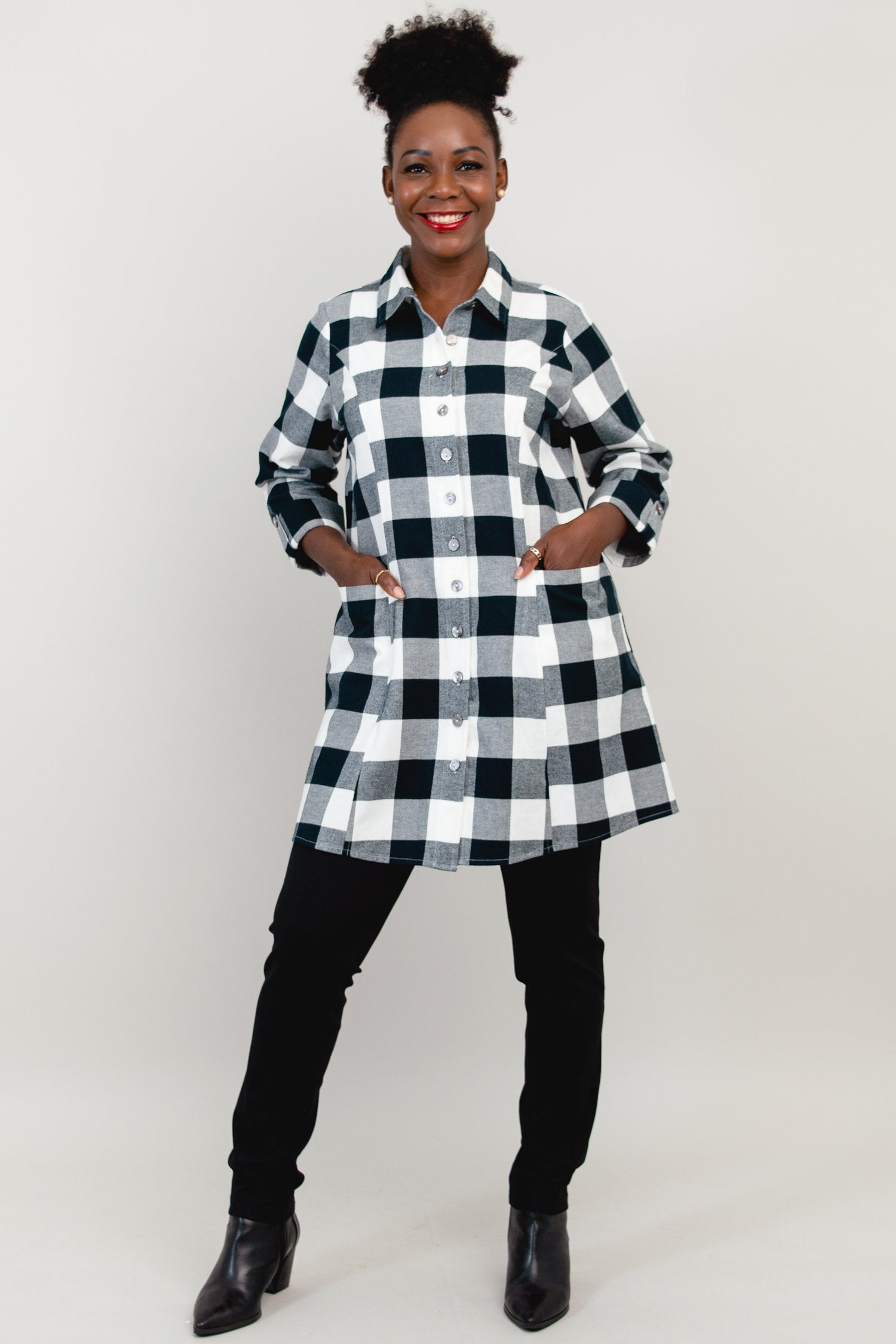 Larissa Tunic - Grey Plaid Cotton Flannel Shirt for Women | Cozy Fall & Winter Layering Top | Perfect for Casual Outfits and Office Wear