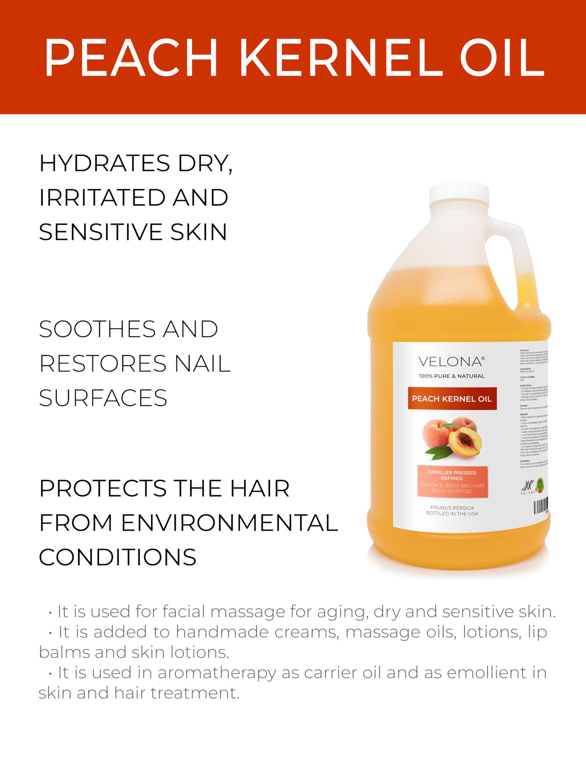Velona 100% Pure & Natural Peach Kernel Oil 64 Fl Oz - Refined Cold Pressed Carrier Oil for Cooking, Skin, Hair & Body Care | Face Moisturizer & Massage Oil | Perfect for DIY Beauty Recipes & Aromatherapy