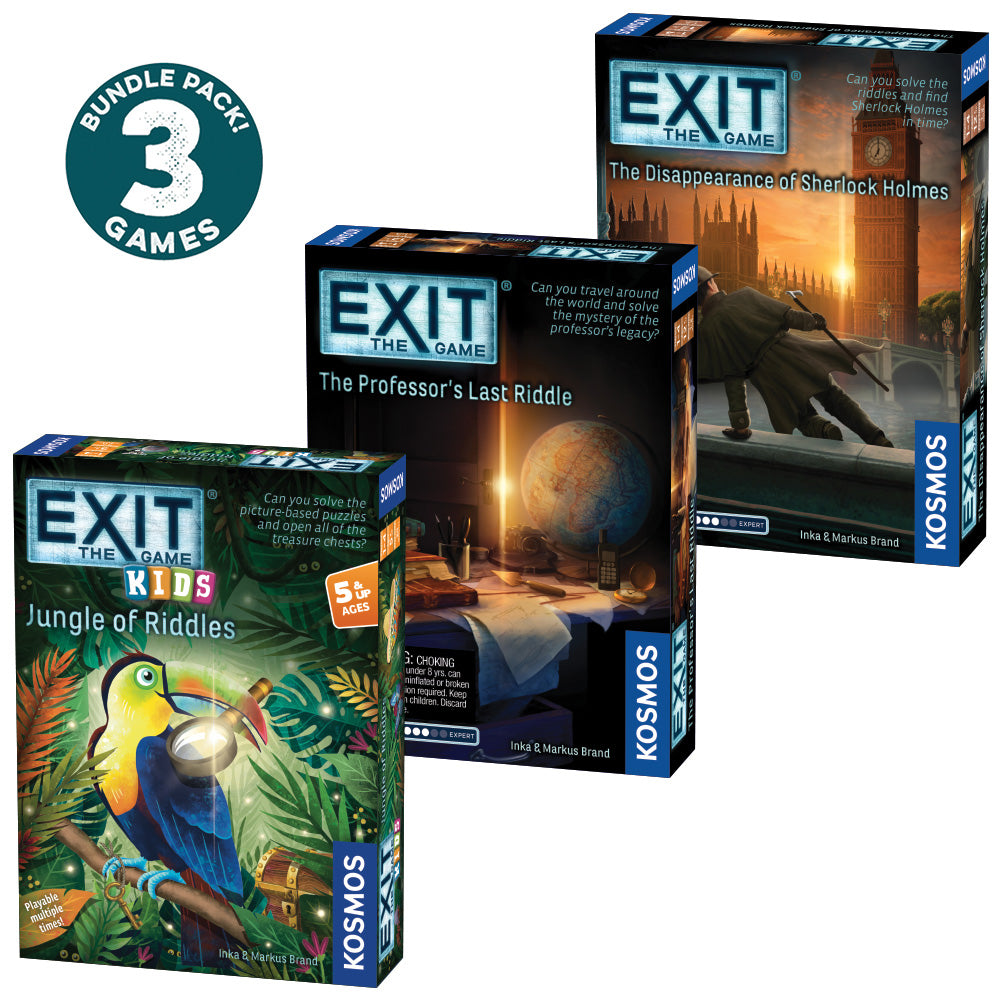 EXIT Game 3 Pack Bundle - Kids Jungle of Riddles, Professor's Last Riddle & Sherlock Holmes Disappearance | Escape Room Board Games for Family Game Night & Kids Party Activities