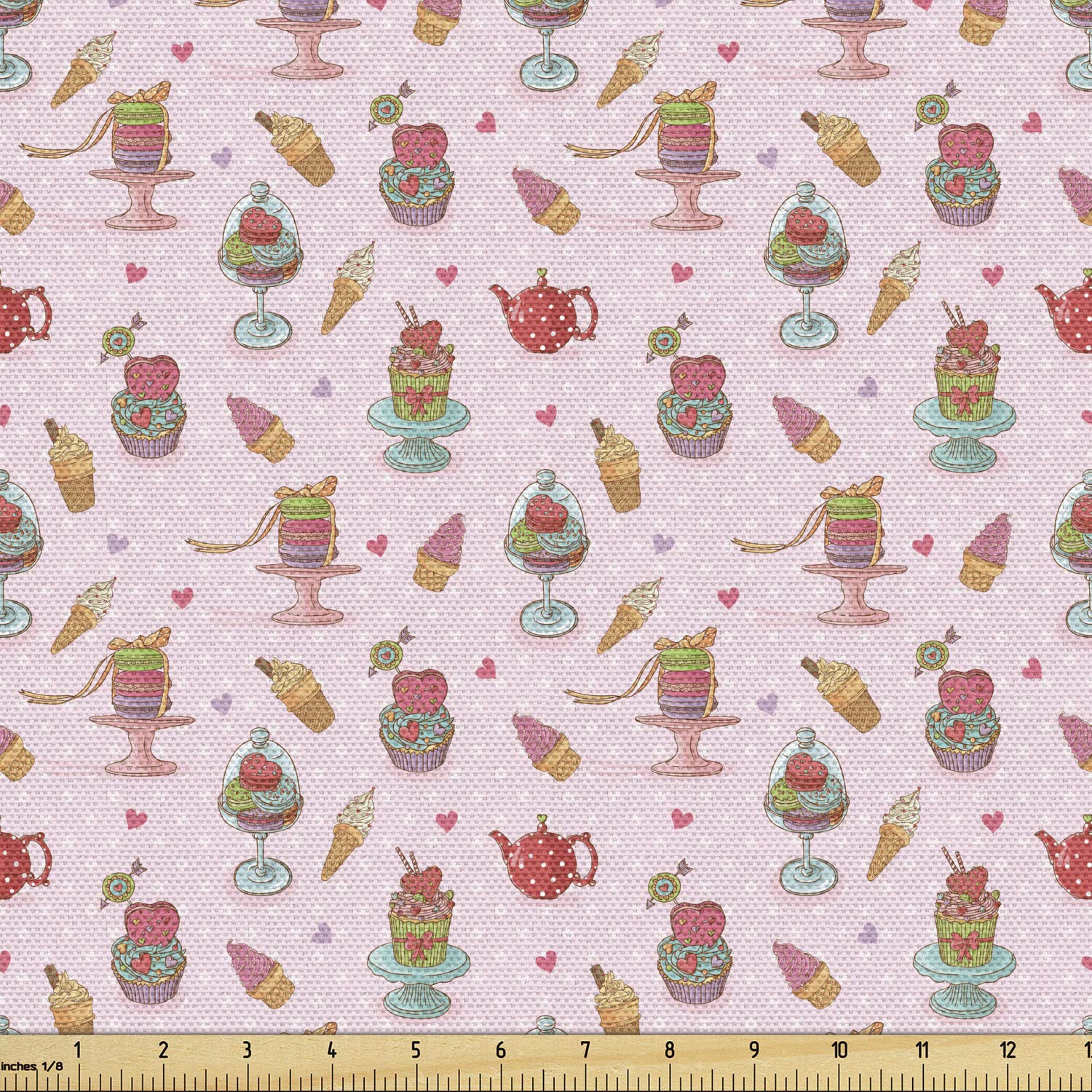 Ambesonne Retro Ice Cream & Cupcakes Fabric by The Yard - Vintage Kitchen Print with Polka Dots, Candies & Cookies Design - 10 Yards Multicolor Cotton Fabric for Upholstery, Curtains, DIY Home Decor - Perfect for Kitchen Decor, Table Runners & Craft Projects
